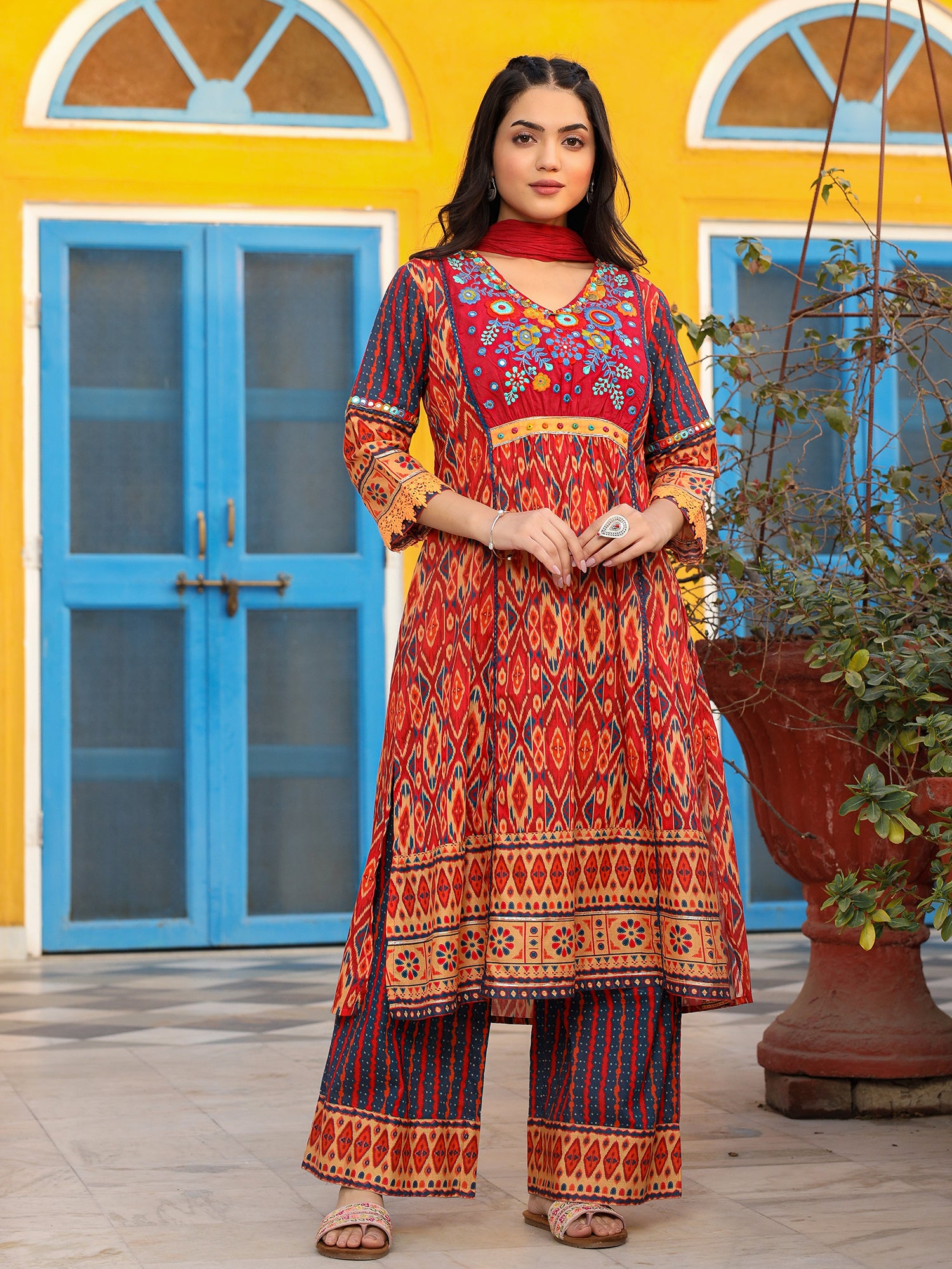 Juniper Rust Ikat Printed Cotton Voile Kurta Pants & Dupatta Set With Thread Work