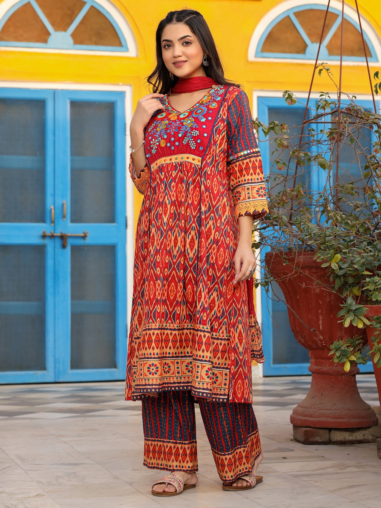 Juniper Rust Ikat Printed Cotton Voile Kurta Pants & Dupatta Set With Thread Work