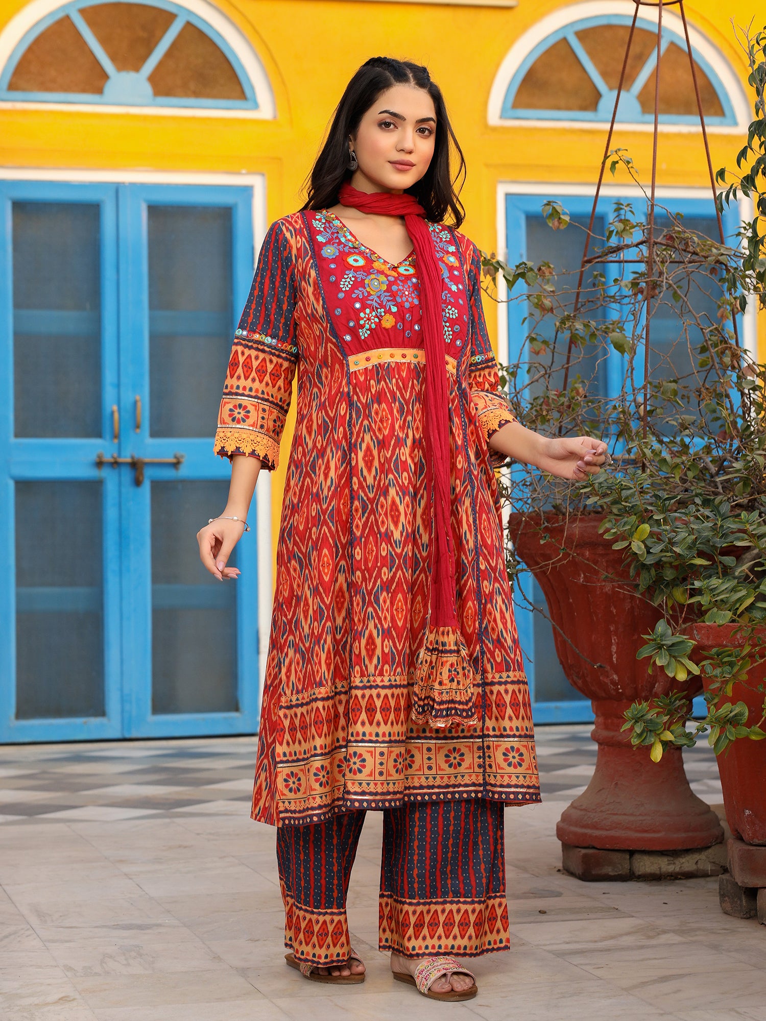 Juniper Rust Ikat Printed Cotton Voile Kurta Pants & Dupatta Set With Thread Work