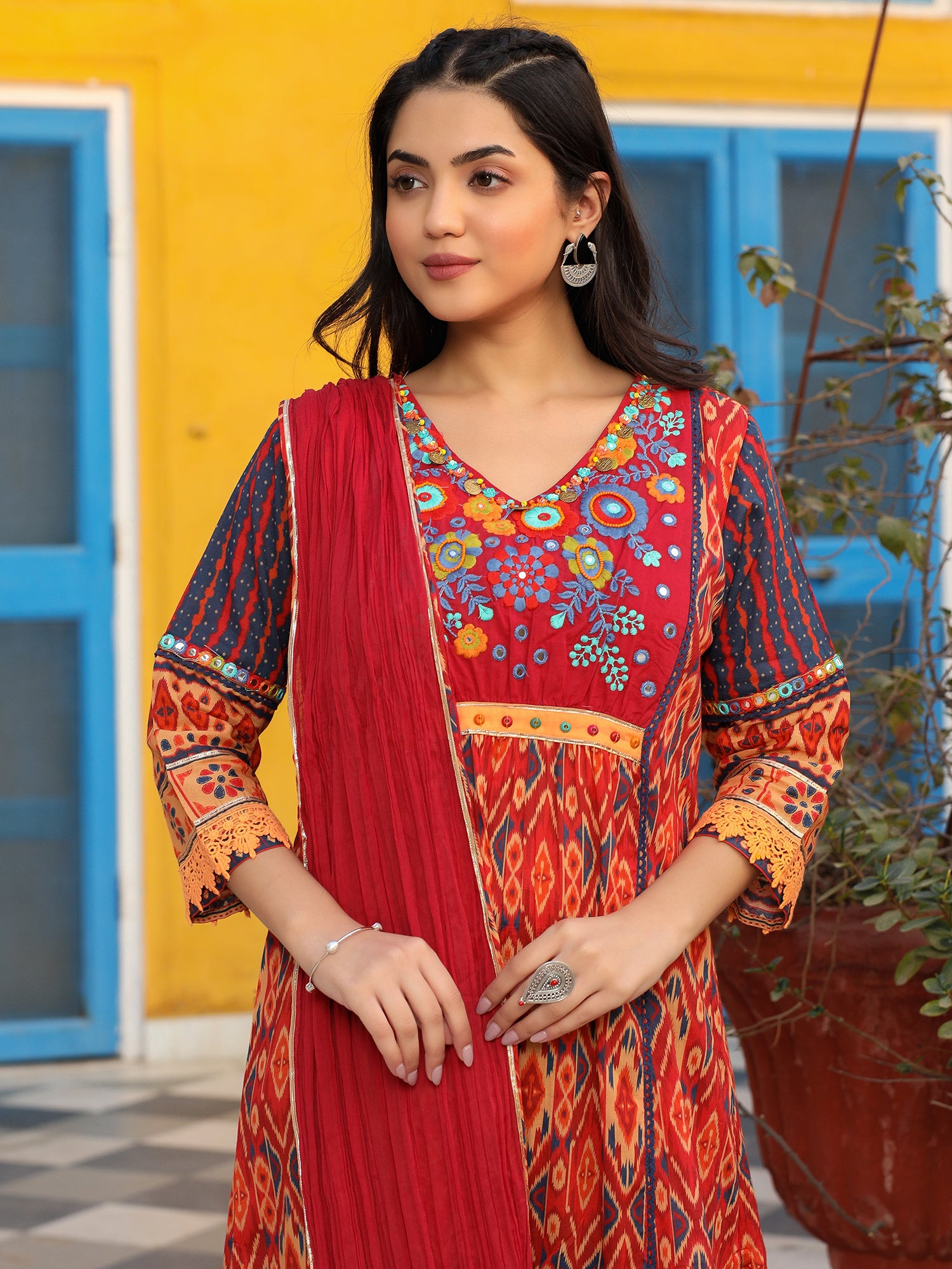 Juniper Rust Ikat Printed Cotton Voile Kurta Pants & Dupatta Set With Thread Work