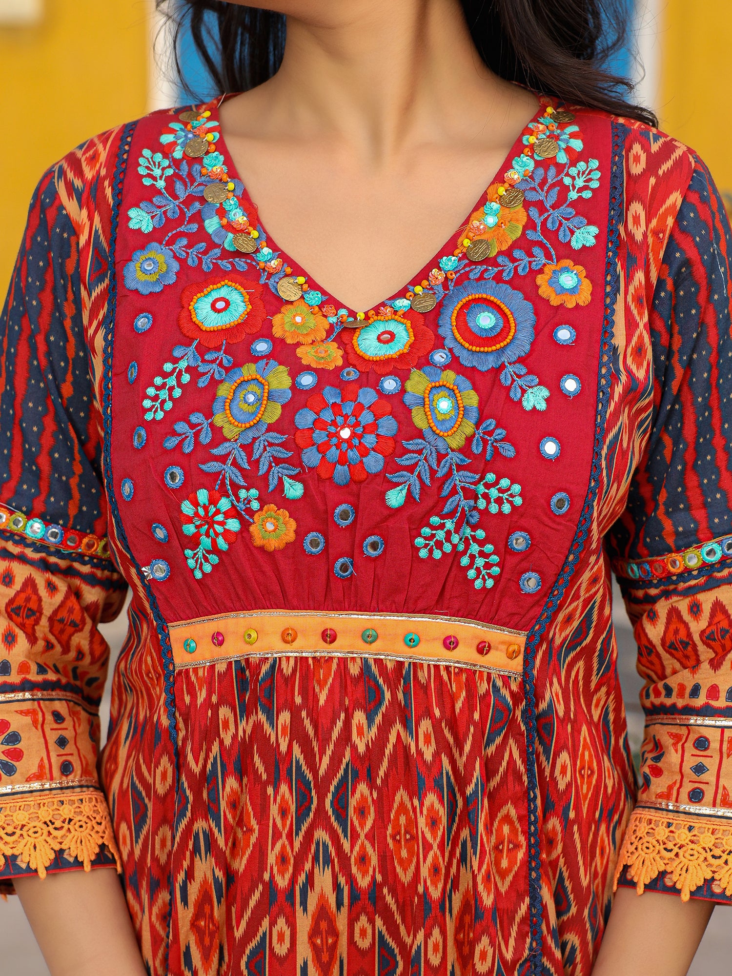 Juniper Rust Ikat Printed Cotton Voile Kurta Pants & Dupatta Set With Thread Work