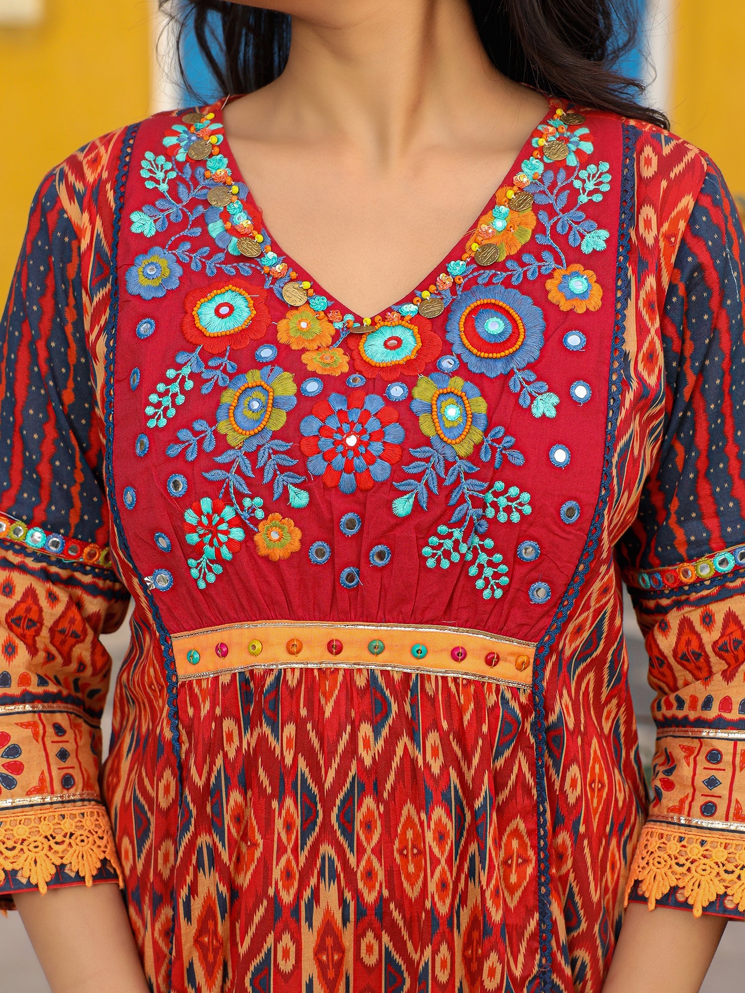 Juniper Rust Ikat Printed Cotton Voile Kurta Pants & Dupatta Set With Thread Work