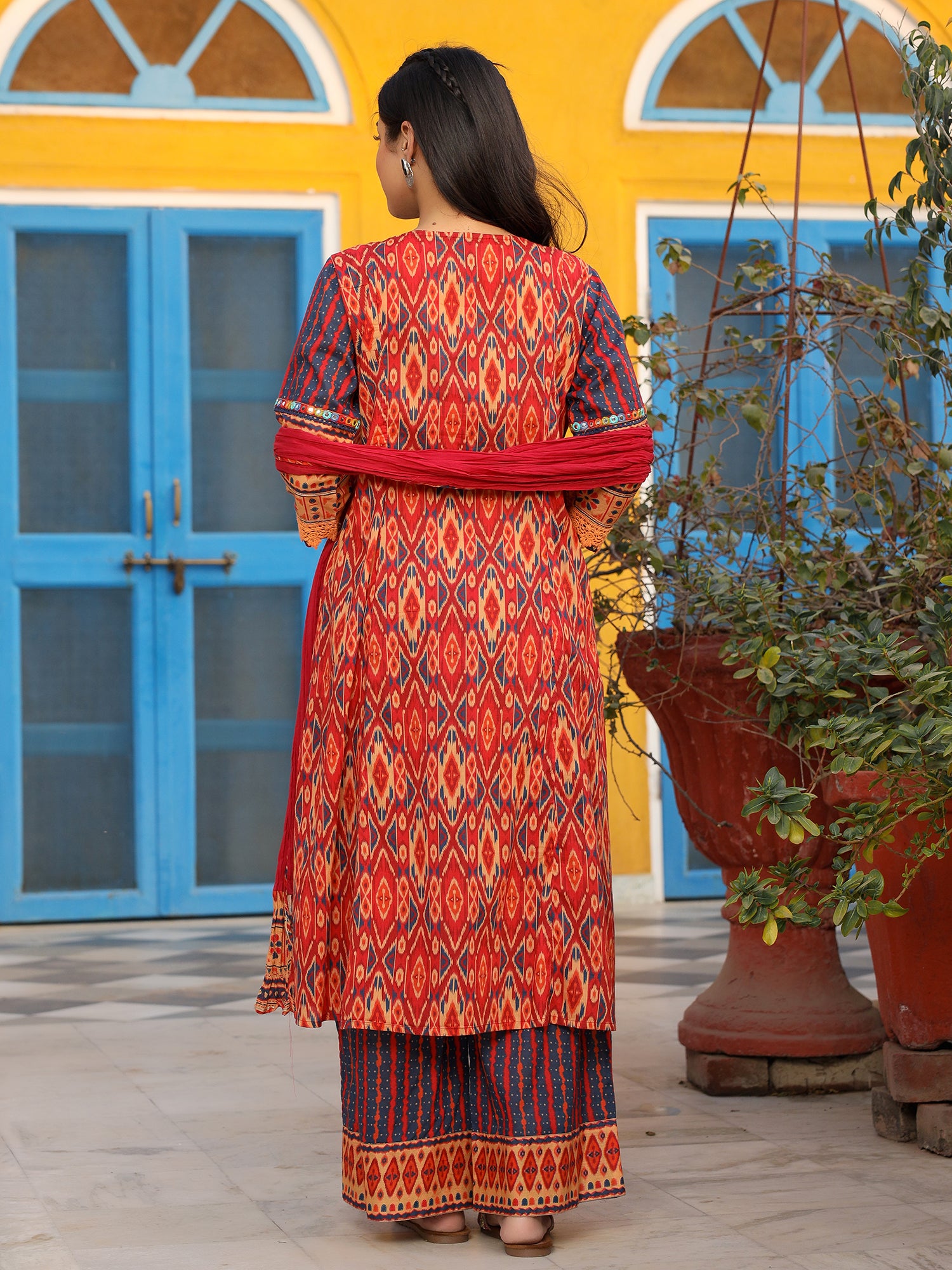Juniper Rust Ikat Printed Cotton Voile Kurta Pants & Dupatta Set With Thread Work