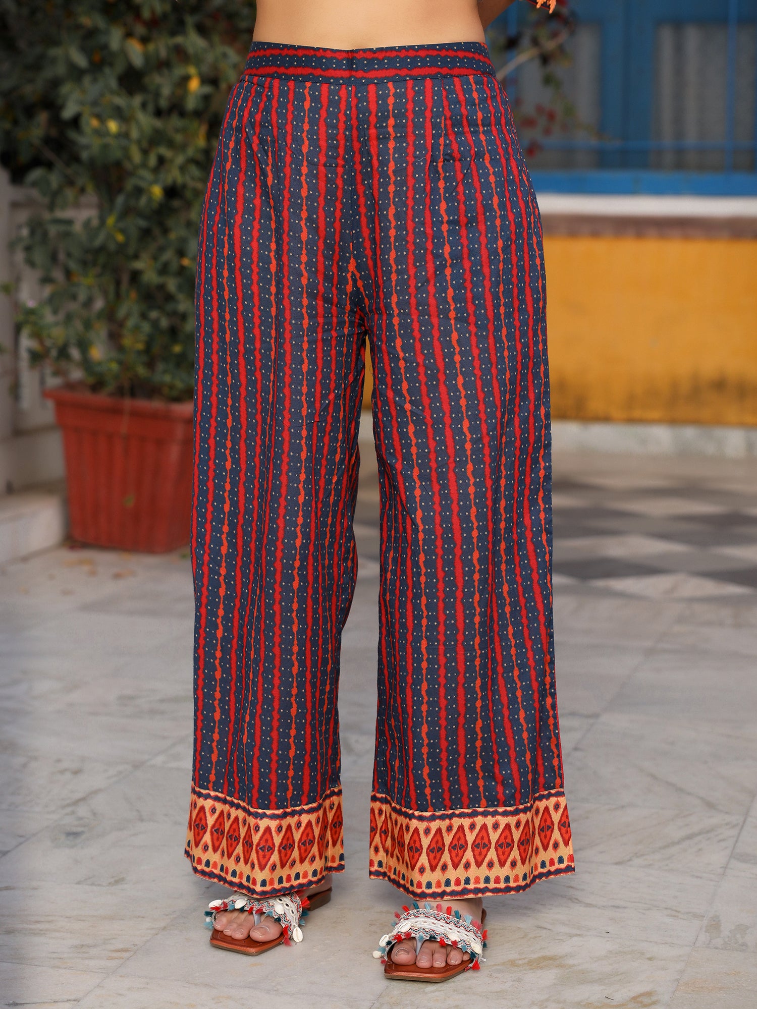 Juniper Rust Ikat Printed Cotton Voile Kurta Pants & Dupatta Set With Thread Work
