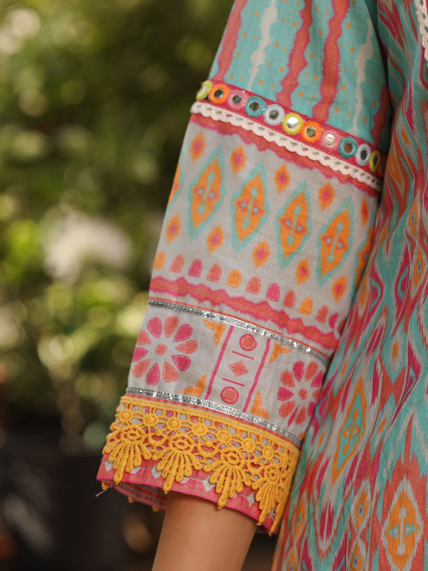 Juniper Sky Blue Ikat Printed Cotton Voile Kurta Pants & Dupatta Set With Thread Work