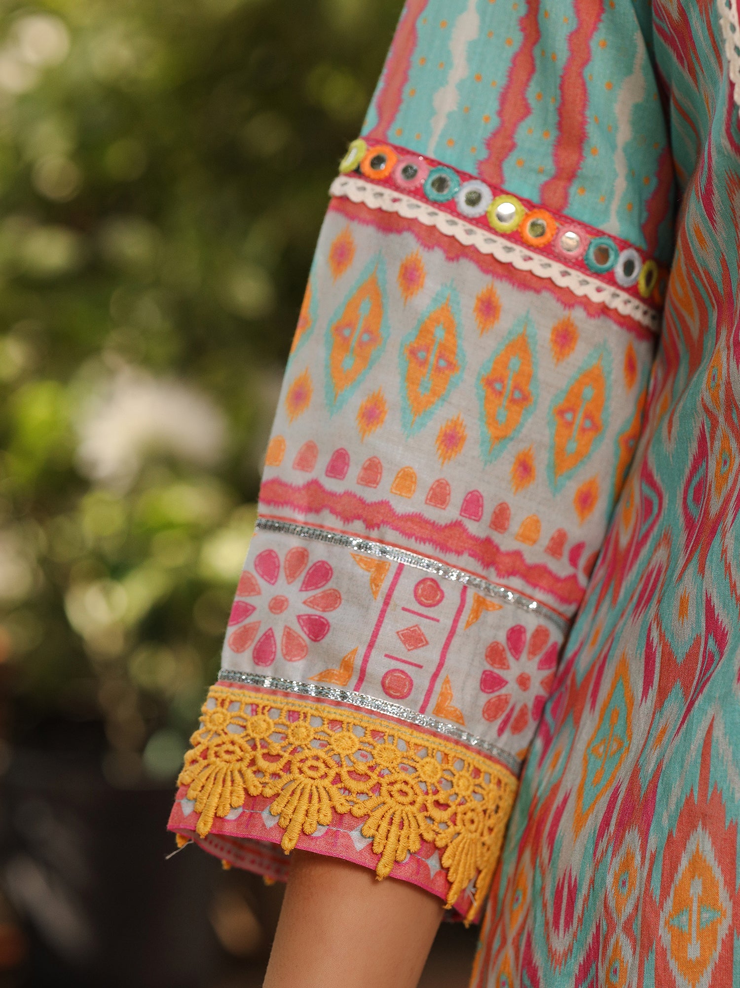 Juniper Sky Blue Ikat Printed Cotton Voile Kurta Pants & Dupatta Set With Thread Work