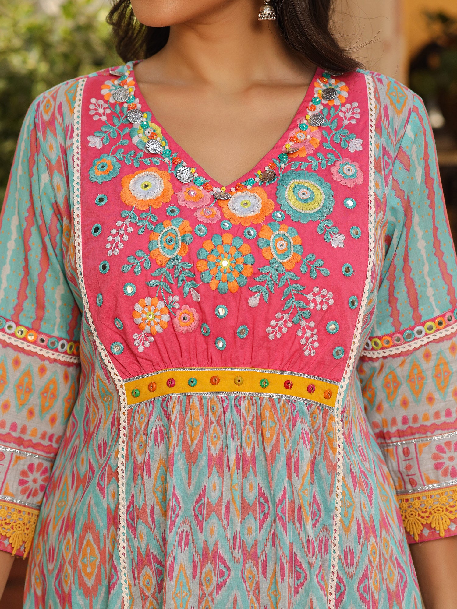 Juniper Sky Blue Ikat Printed Cotton Voile Kurta Pants & Dupatta Set With Thread Work