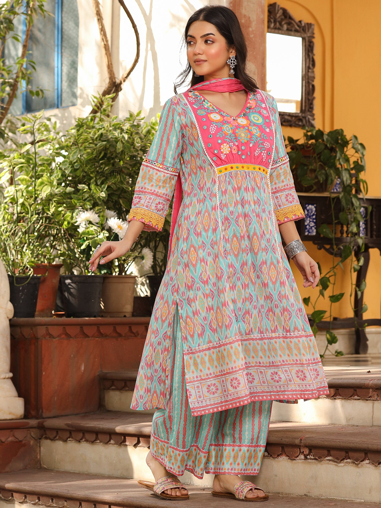 Juniper Sky Blue Ikat Printed Cotton Voile Kurta Pants & Dupatta Set With Thread Work