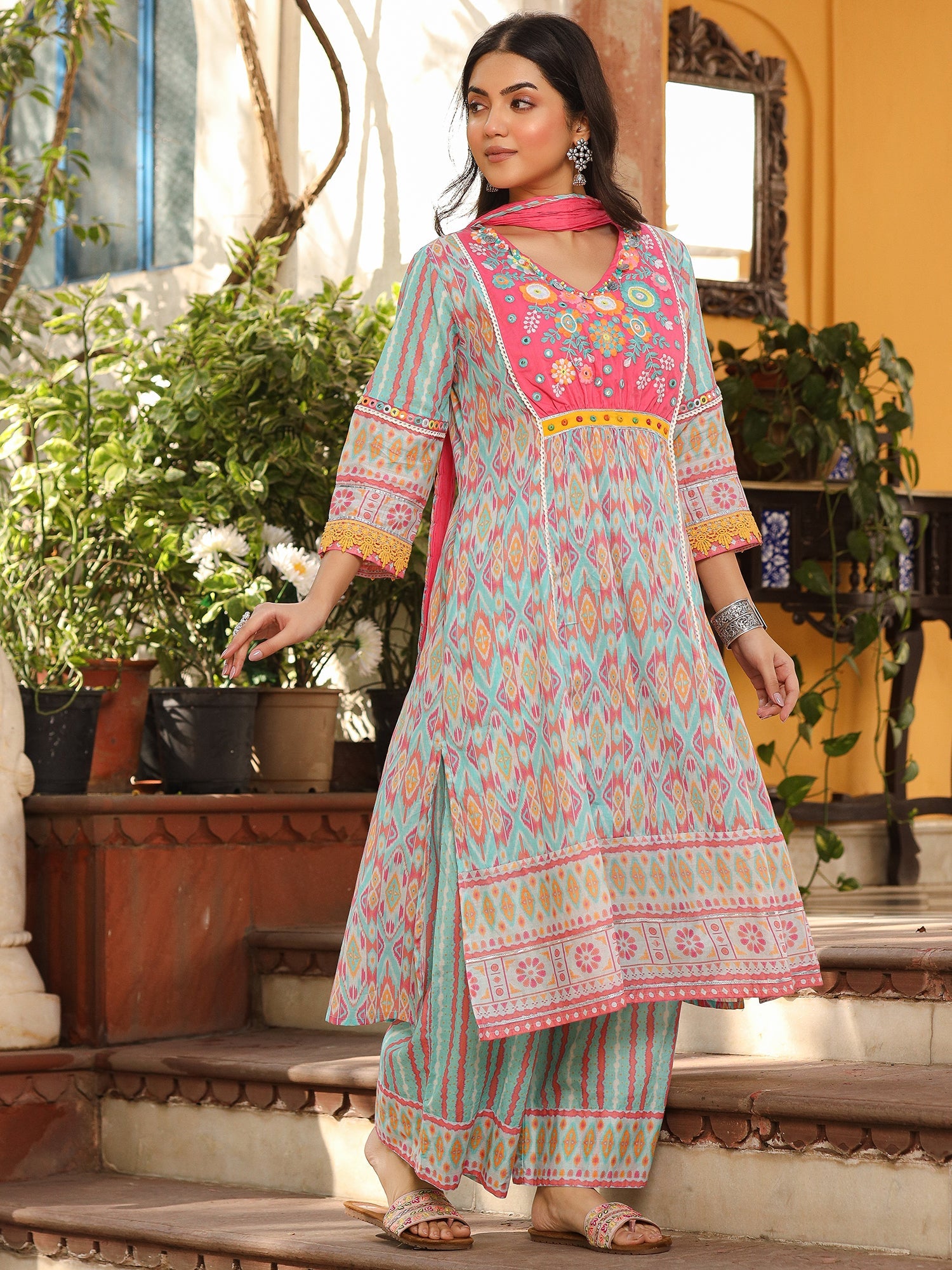 Juniper Sky Blue Ikat Printed Cotton Voile Kurta Pants & Dupatta Set With Thread Work