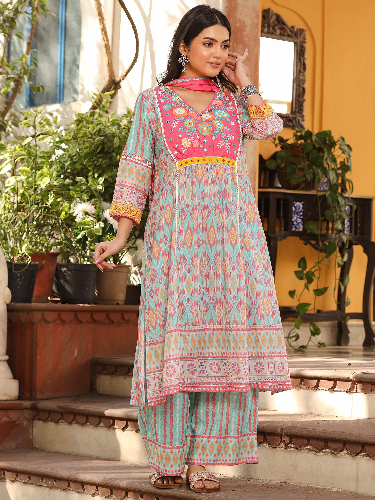 Juniper Sky Blue Ikat Printed Cotton Voile Kurta Pants & Dupatta Set With Thread Work