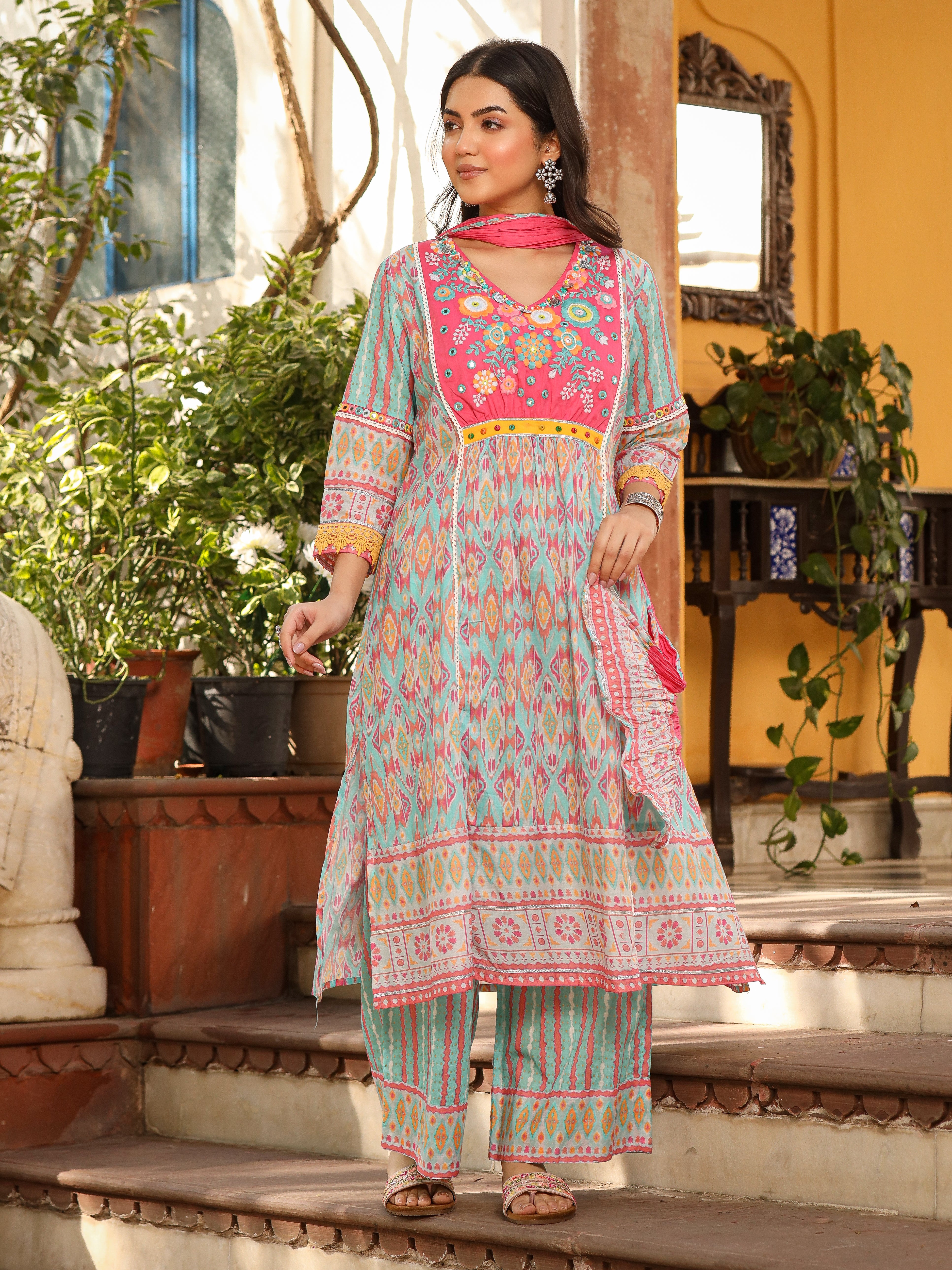 Juniper Sky Blue Ikat Printed Cotton Voile Kurta Pants & Dupatta Set With Thread Work