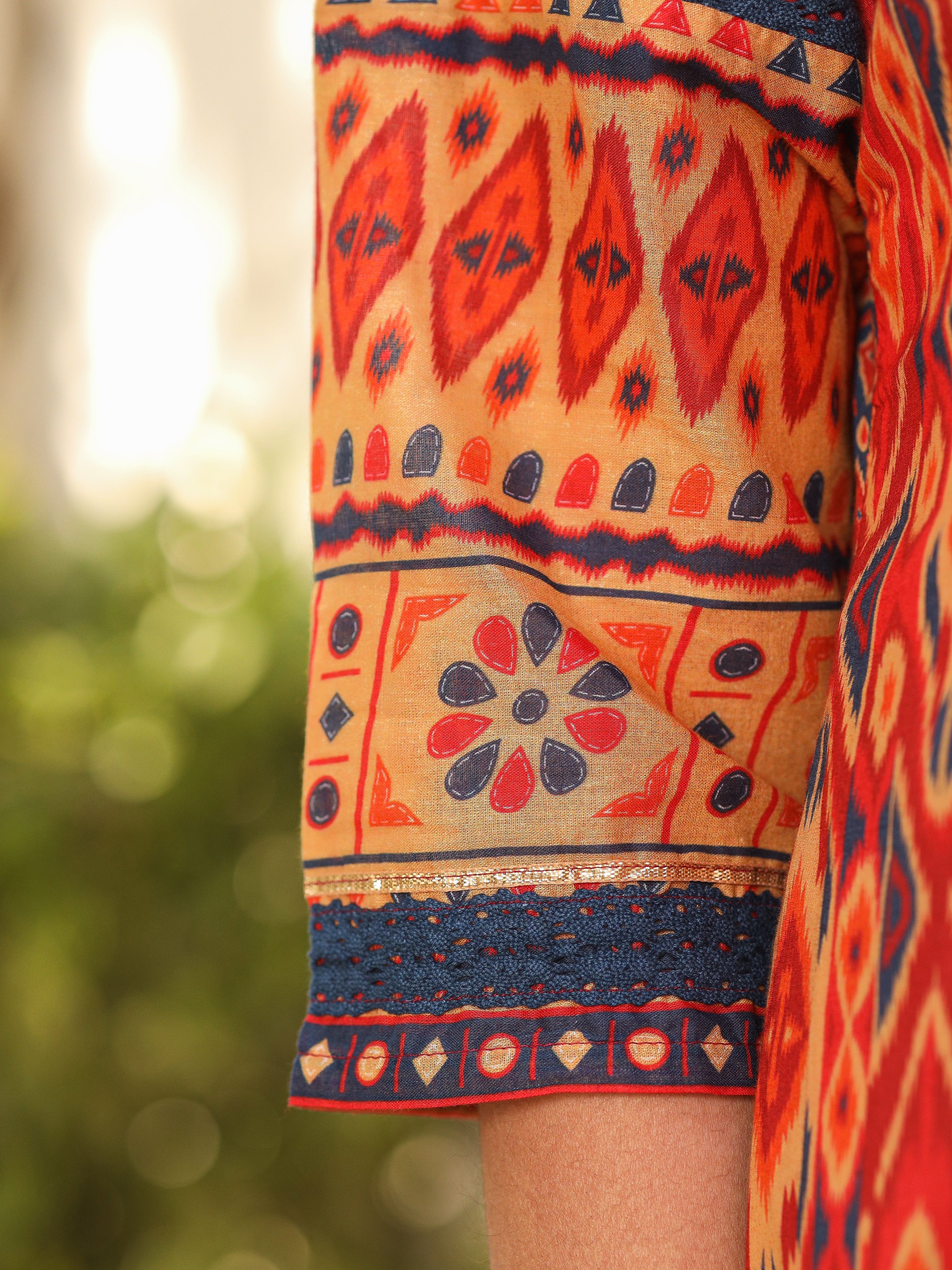 Juniper Rust Cotton Ikat Printed Kurta With Pants And Dupatta Set With Thread Embroidery & Laces (3-Pcs)