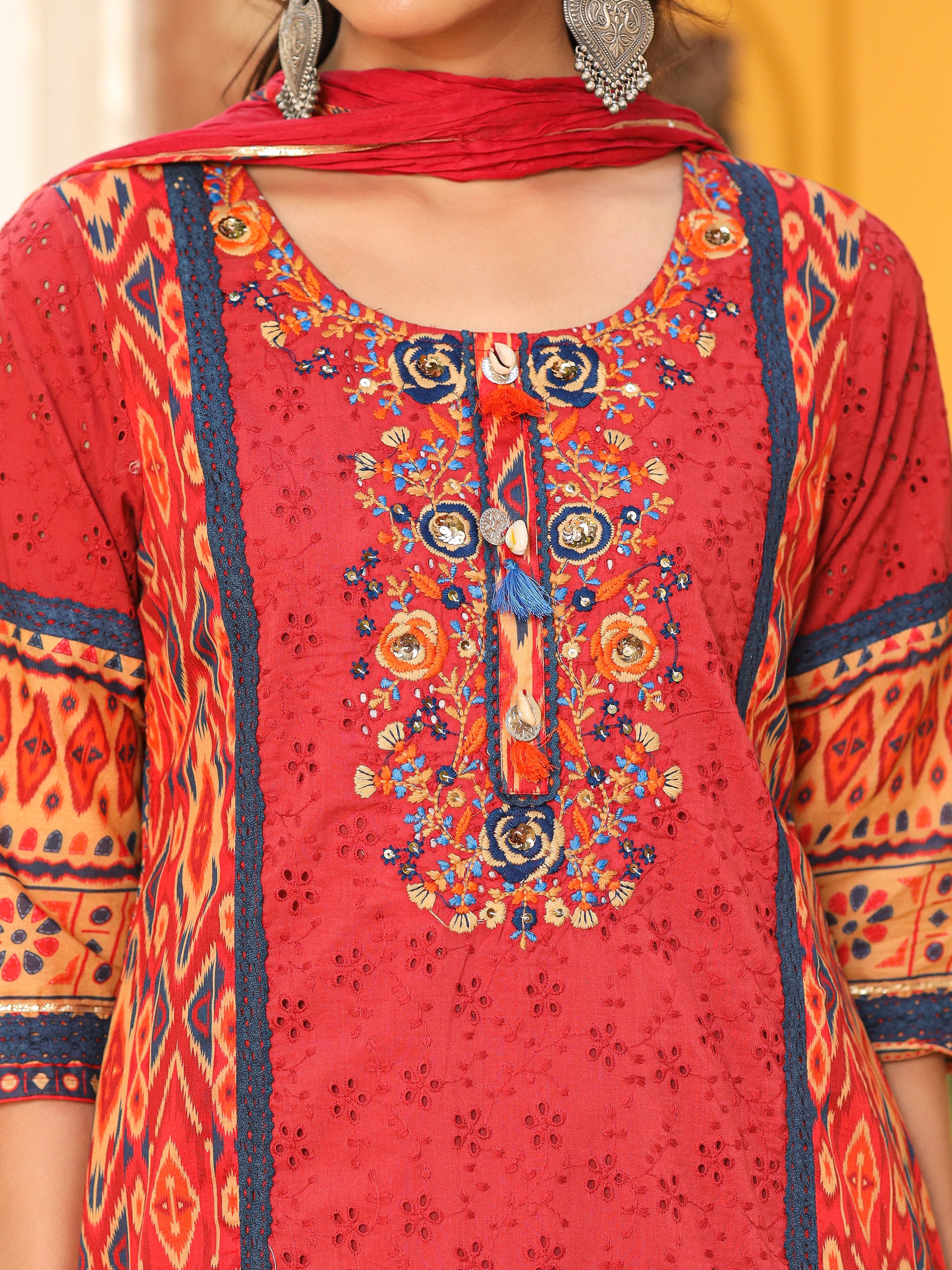 Juniper Rust Cotton Ikat Printed Kurta With Pants And Dupatta Set With Thread Embroidery & Laces (3-Pcs)