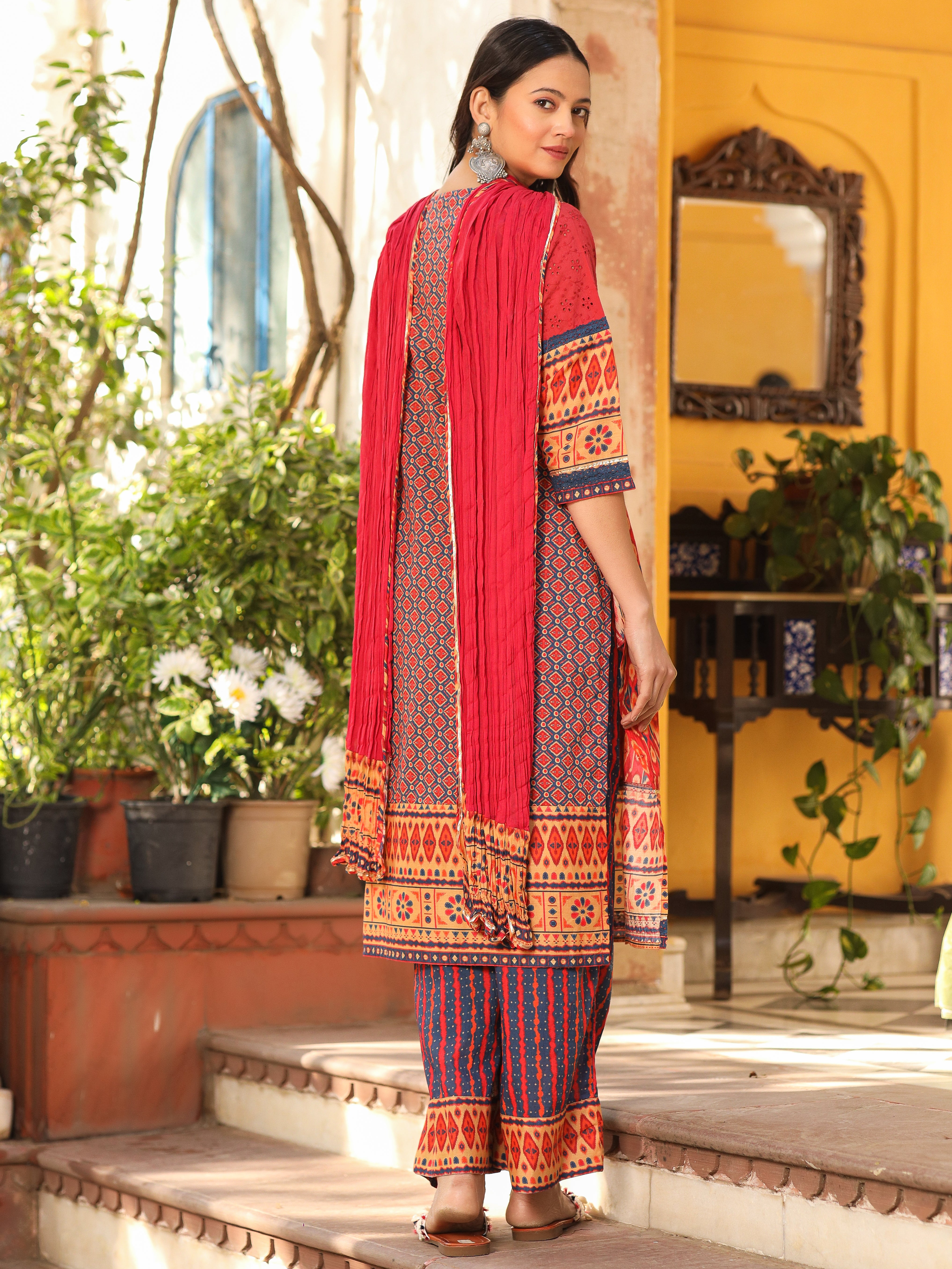 Juniper Rust Cotton Ikat Printed Kurta With Pants And Dupatta Set With Thread Embroidery & Laces (3-Pcs)