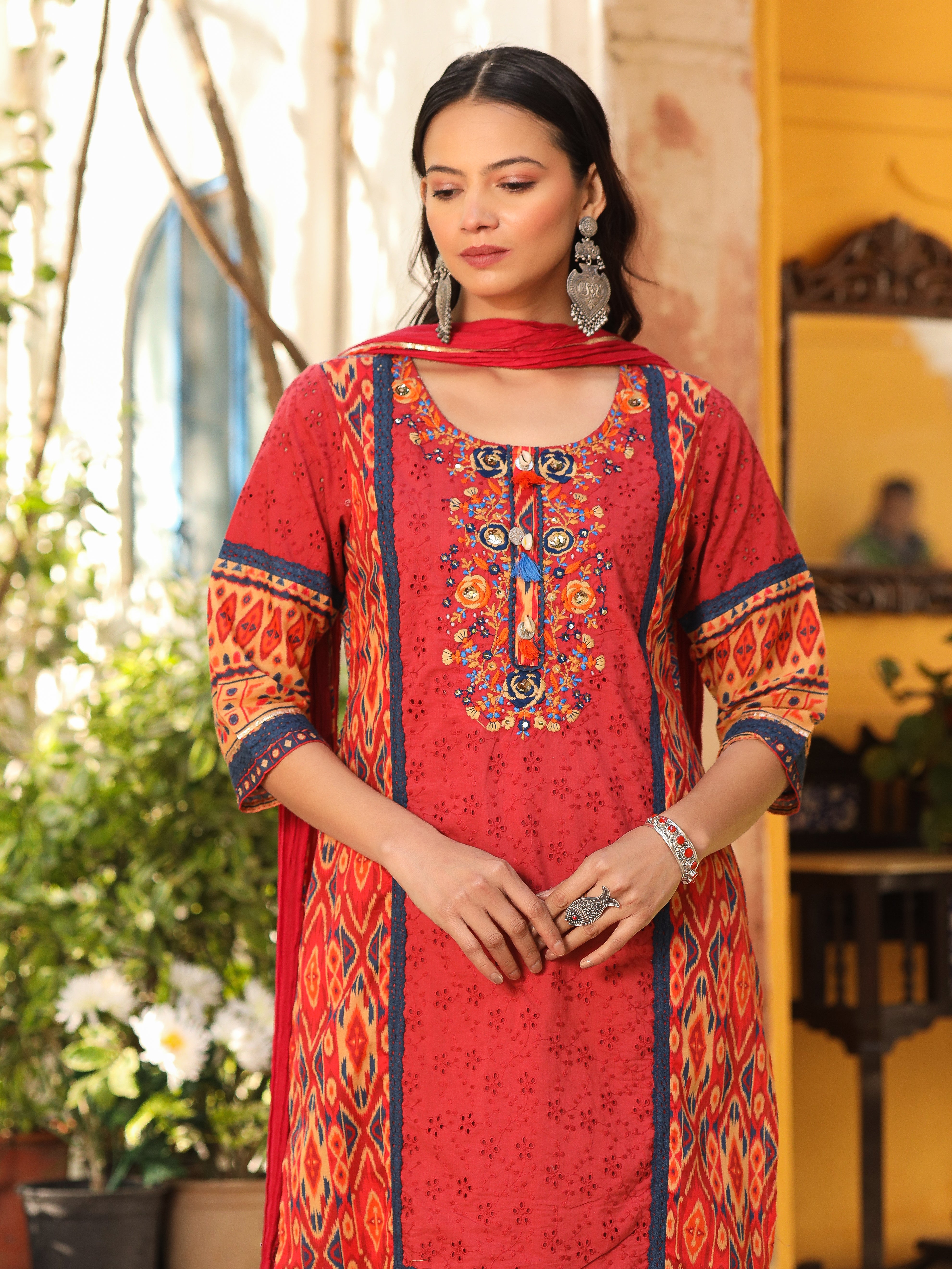 Juniper Rust Cotton Ikat Printed Kurta With Pants And Dupatta Set With Thread Embroidery & Laces (3-Pcs)