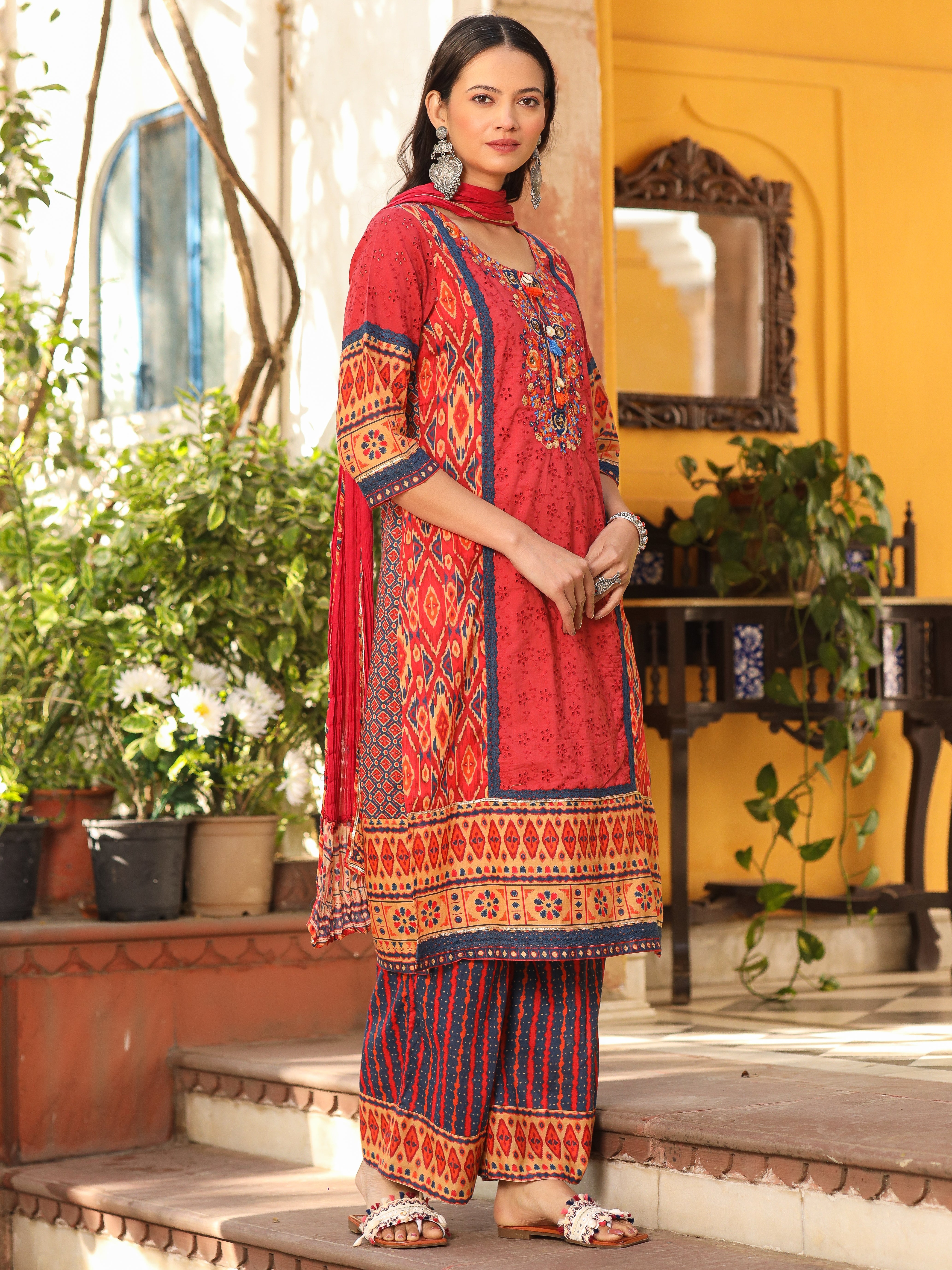 Juniper Rust Cotton Ikat Printed Kurta With Pants And Dupatta Set With Thread Embroidery & Laces (3-Pcs)