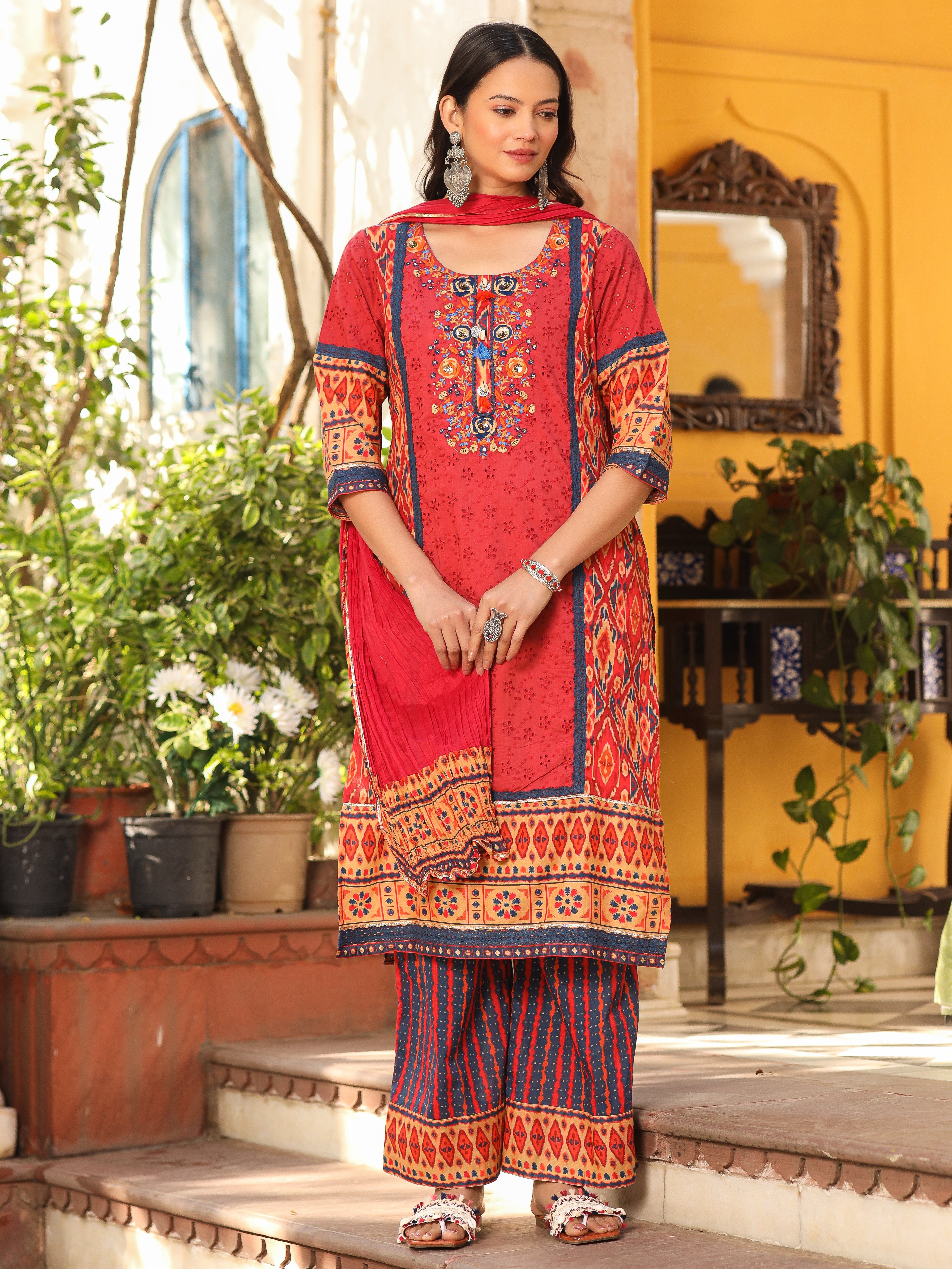 Juniper Rust Cotton Ikat Printed Kurta With Pants And Dupatta Set With Thread Embroidery & Laces (3-Pcs)
