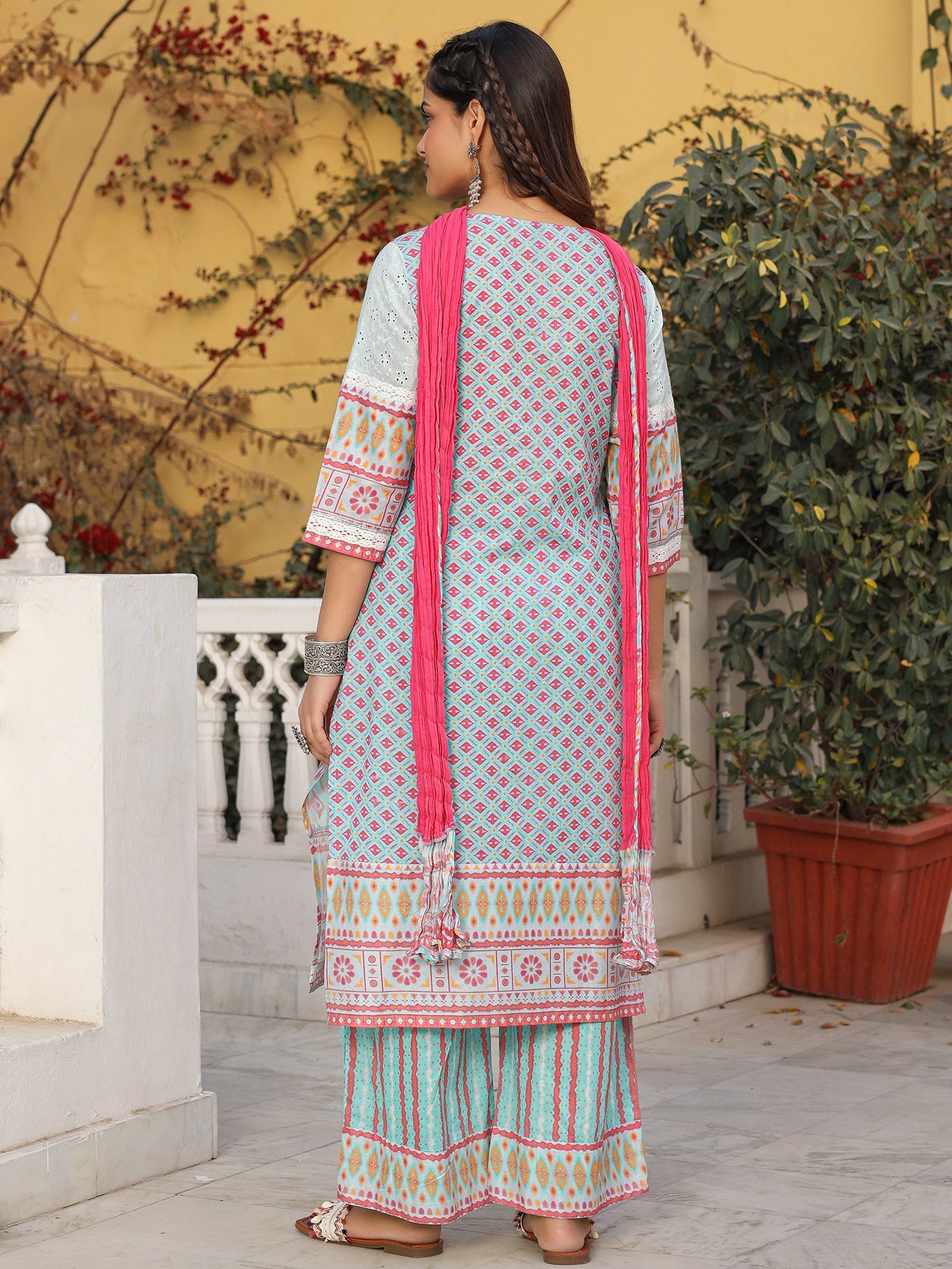 Juniper Sky Blue Cotton Ikat Printed Kurta With Pants And Dupatta Set With Thread Embroidery & Laces