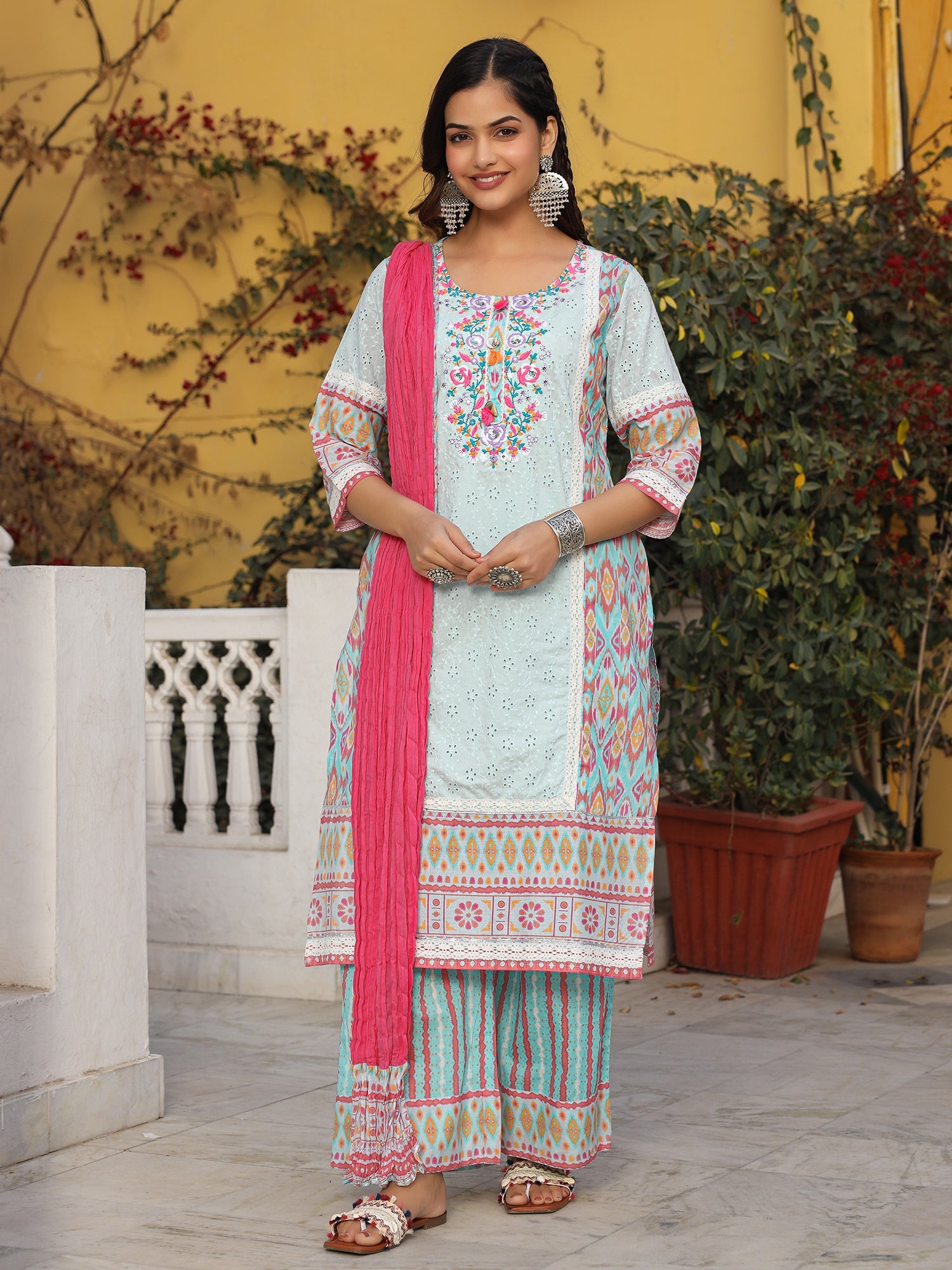 Juniper Sky Blue Cotton Ikat Printed Kurta With Pants And Dupatta Set With Thread Embroidery & Laces