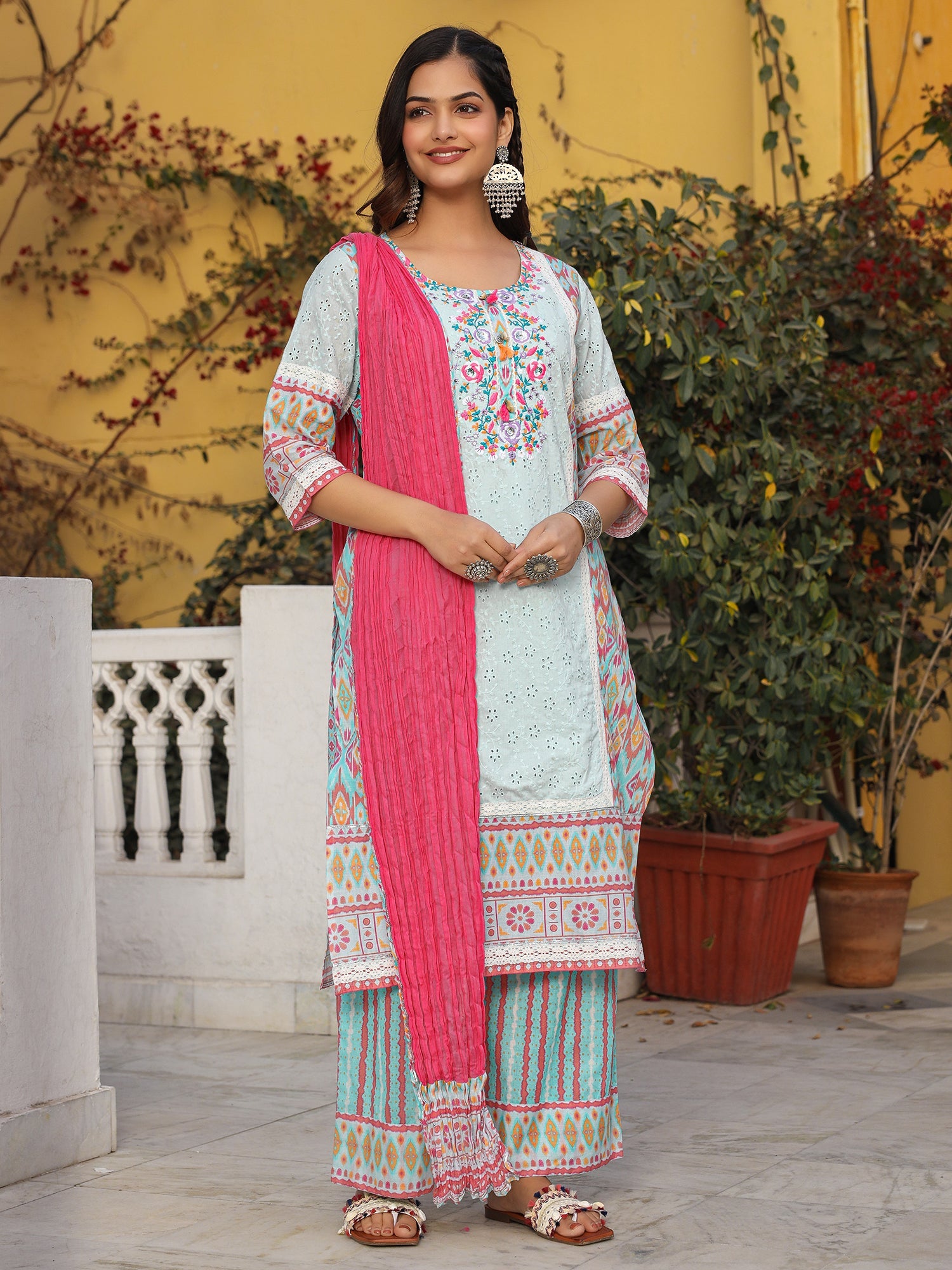 Juniper Sky Blue Cotton Ikat Printed Kurta With Pants And Dupatta Set With Thread Embroidery & Laces