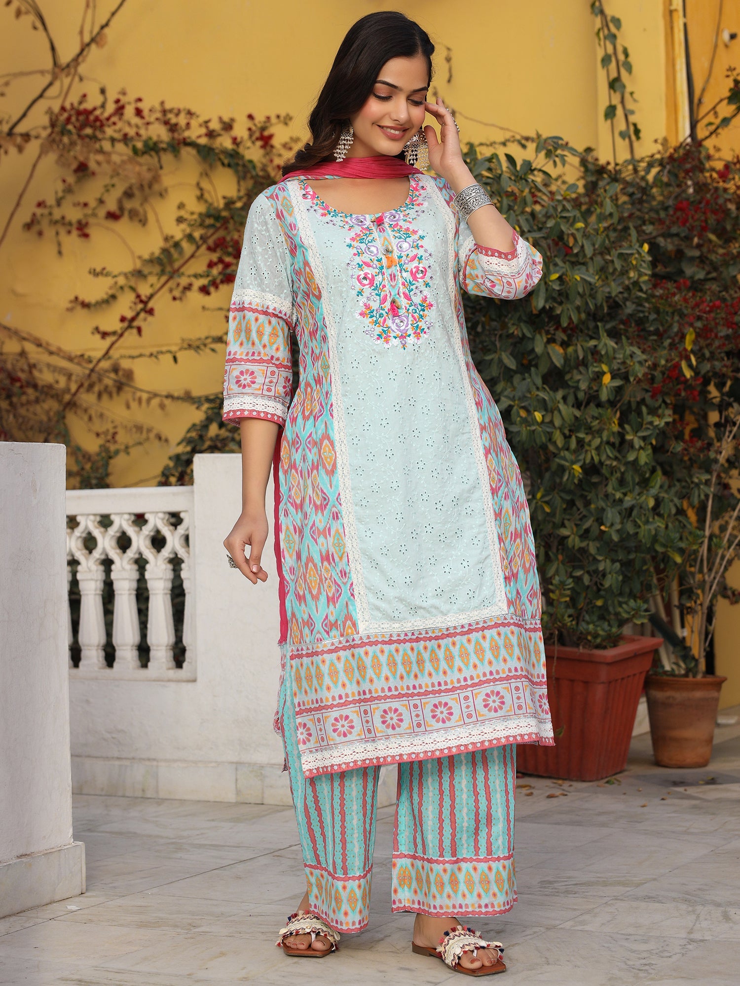 Juniper Sky Blue Cotton Ikat Printed Kurta With Pants And Dupatta Set With Thread Embroidery & Laces