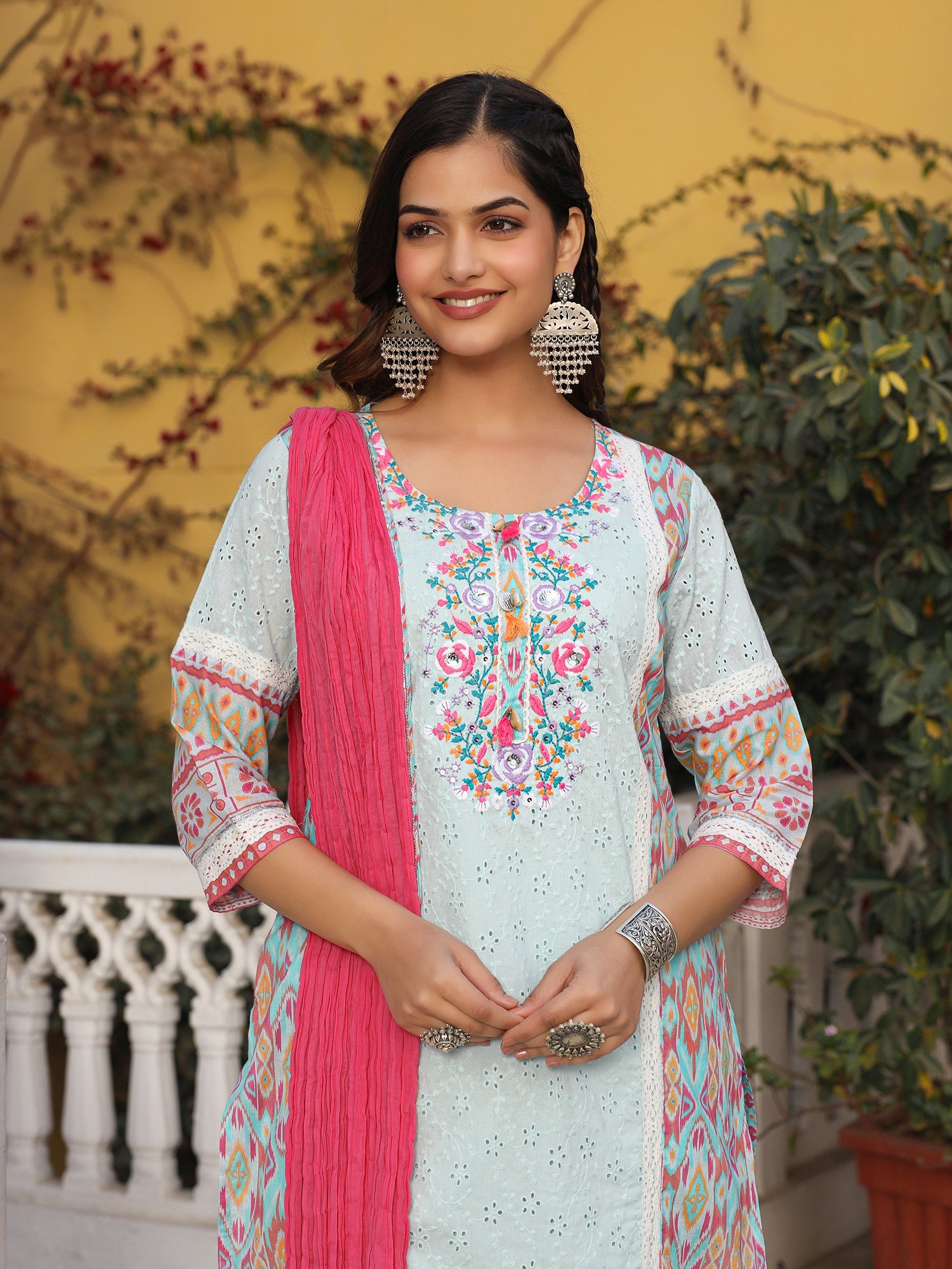 Juniper Sky Blue Cotton Ikat Printed Kurta With Pants And Dupatta Set With Thread Embroidery & Laces