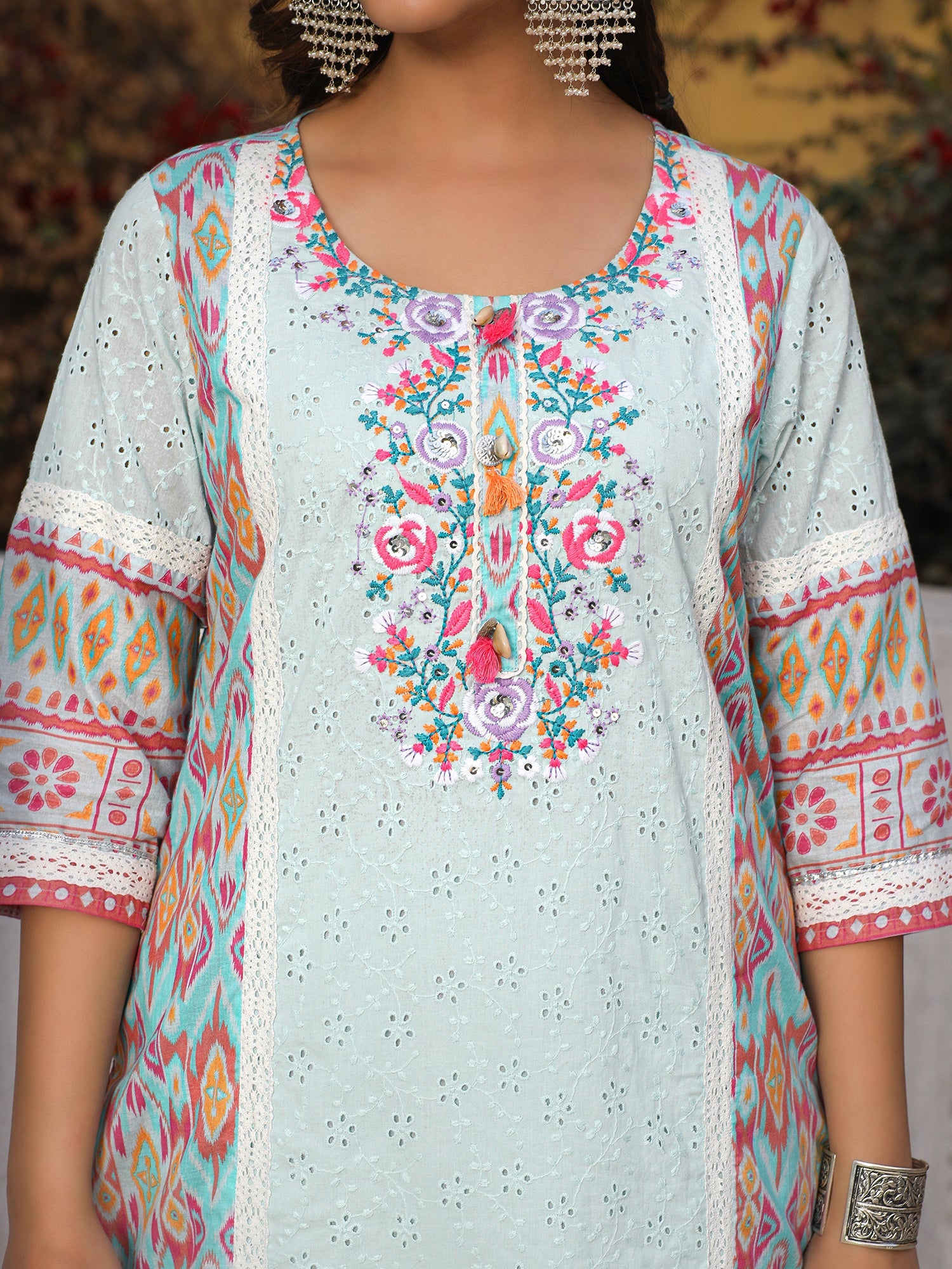 Juniper Sky Blue Cotton Ikat Printed Kurta With Pants And Dupatta Set With Thread Embroidery & Laces