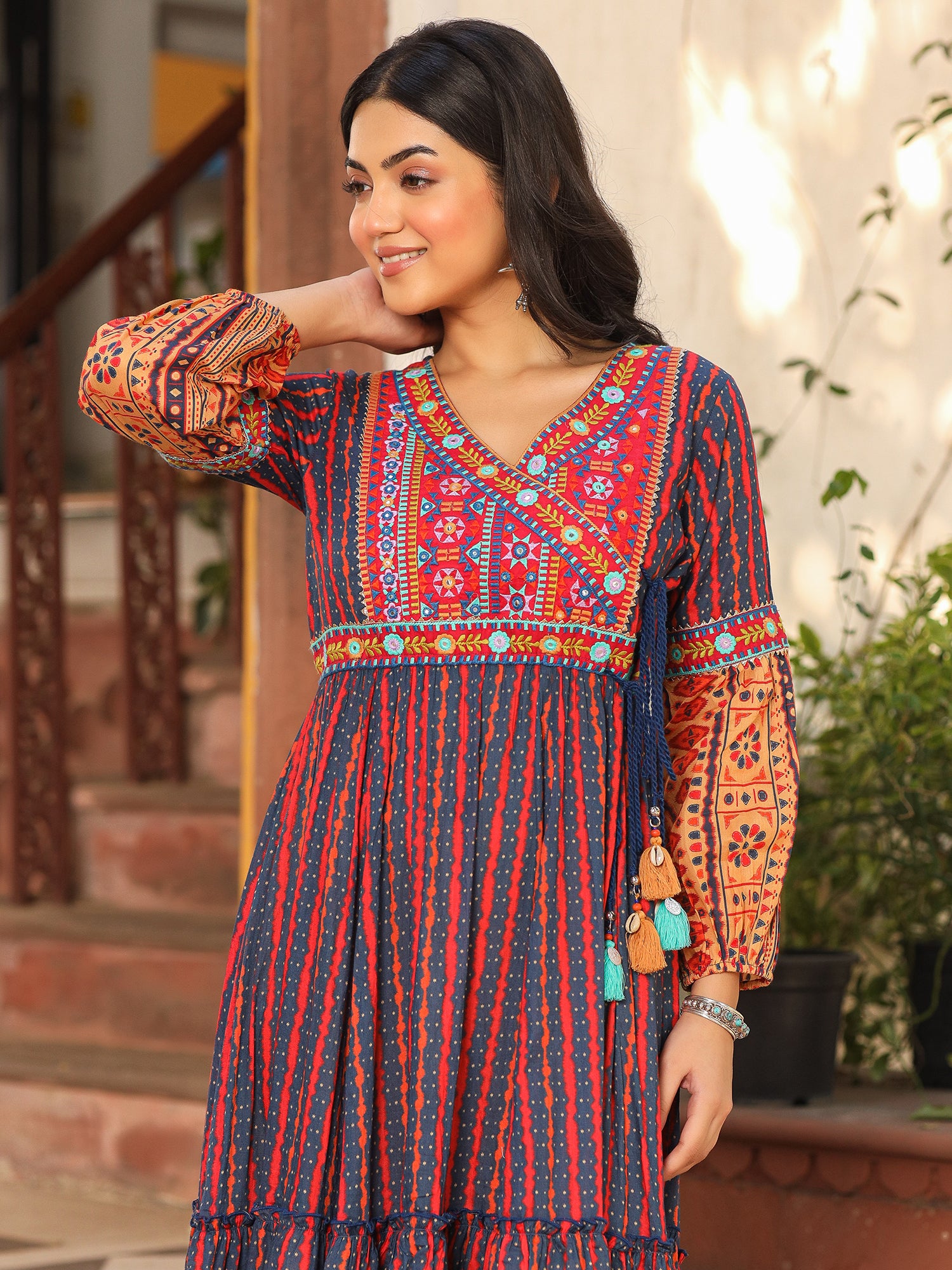 Juniper Rust Ikat Cotton Printed Tiered Maxi Dress With Thread Embroidery & Dori Tassel Tie-Up At Waist