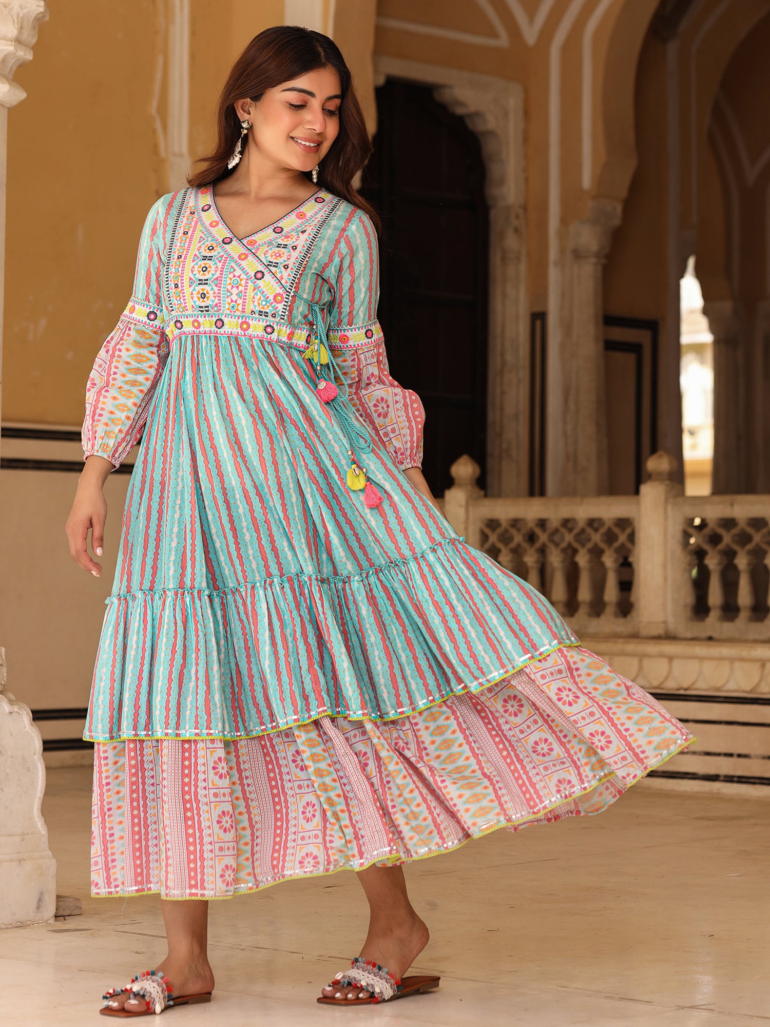 Juniper Sky Blue Ikat Cotton Printed Tiered Maxi Dress With Thread Embroidery & Dori Tassel Tie-Up At Waist