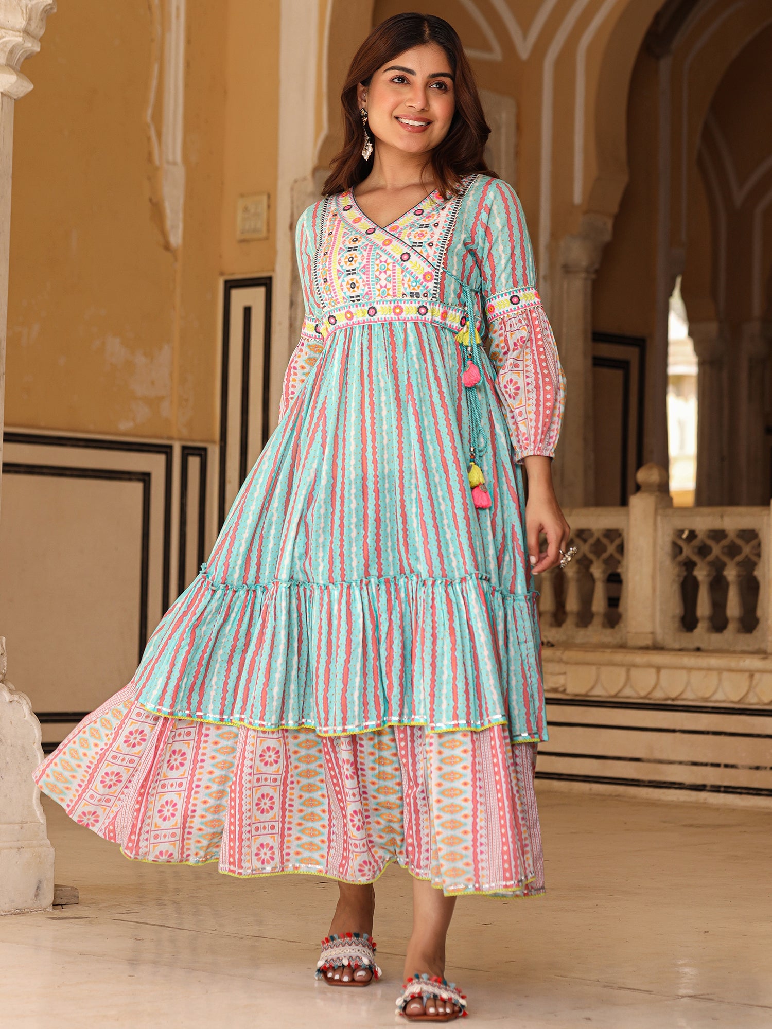 Juniper Sky Blue Ikat Cotton Printed Tiered Maxi Dress With Thread Embroidery & Dori Tassel Tie-Up At Waist