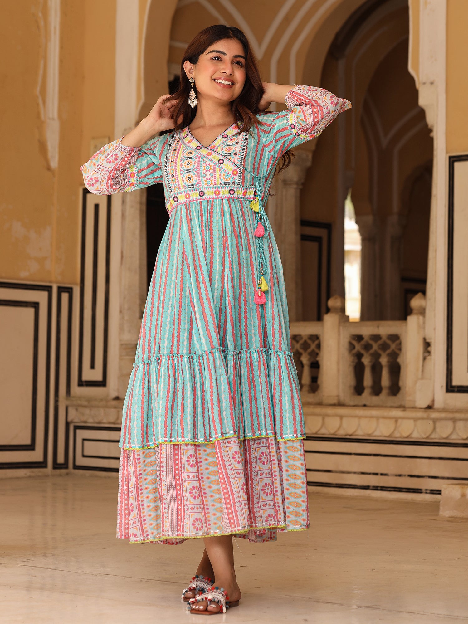 Juniper Sky Blue Ikat Cotton Printed Tiered Maxi Dress With Thread Embroidery & Dori Tassel Tie-Up At Waist