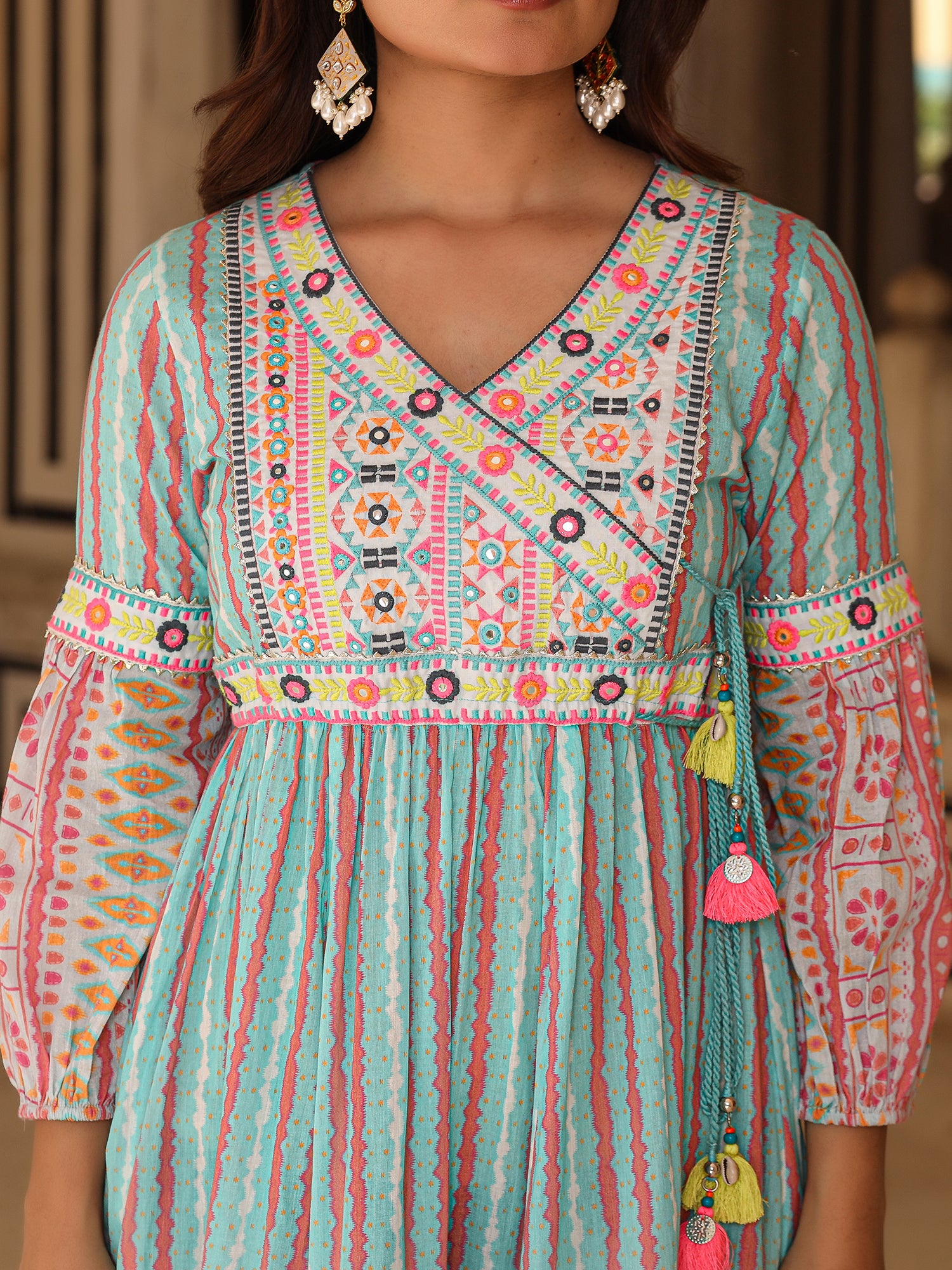 Juniper Sky Blue Ikat Cotton Printed Tiered Maxi Dress With Thread Embroidery & Dori Tassel Tie-Up At Waist