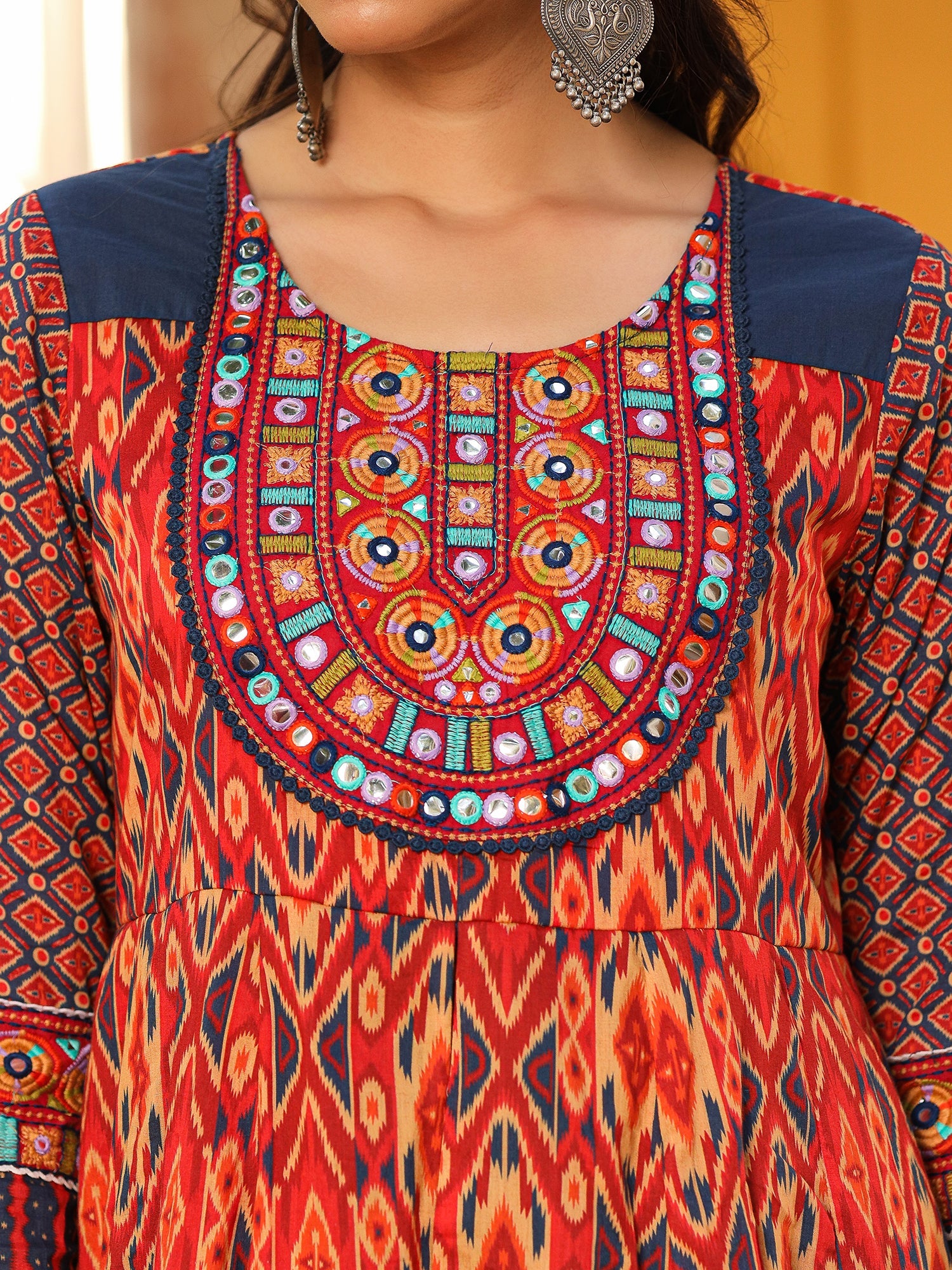 Juniper Rust Cotton Ikat Printed Layered Maxi Dress With Thread Embroidery & Dori Tassel Tie-Up At Waist