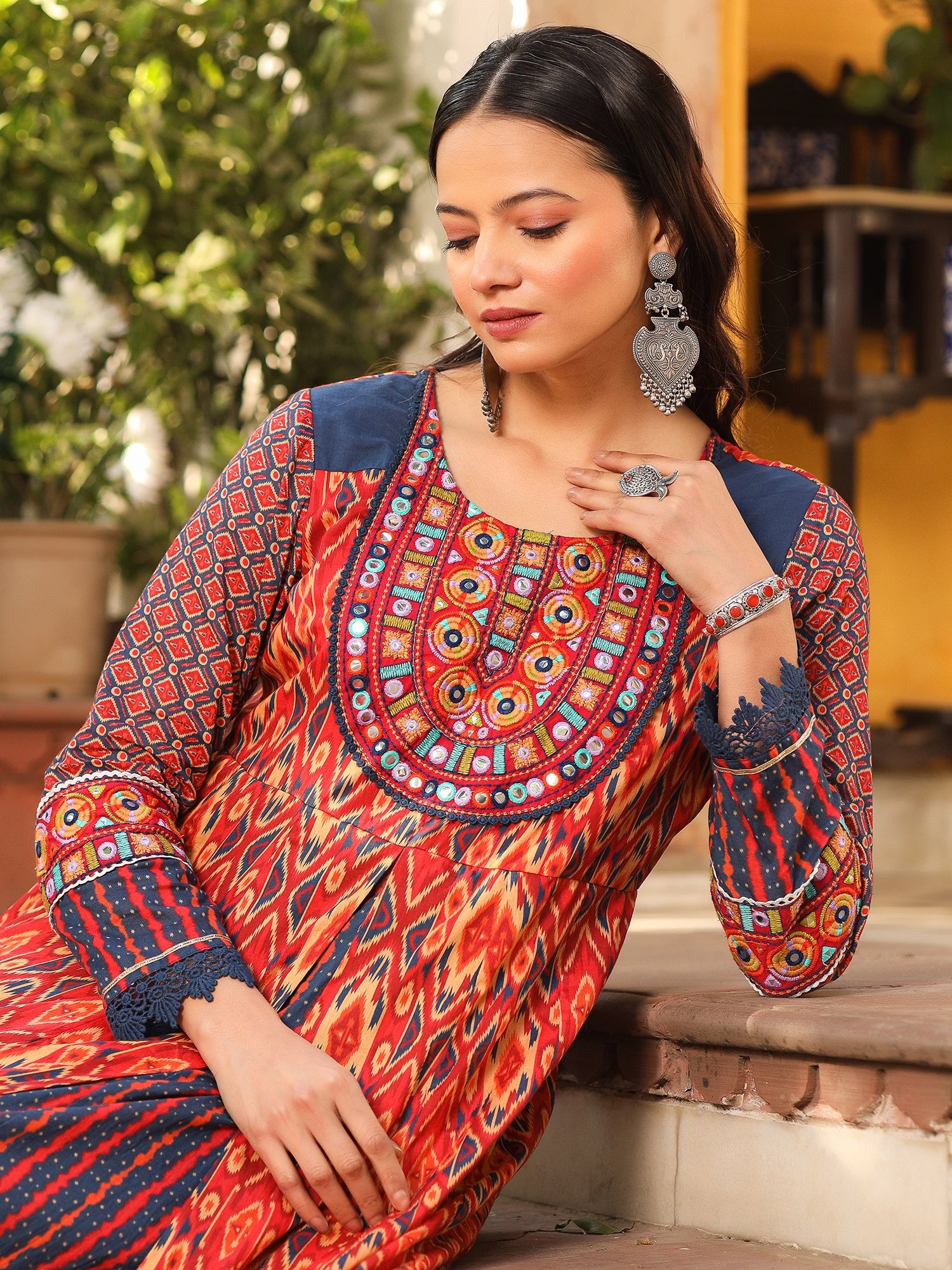 Juniper Rust Cotton Ikat Printed Layered Maxi Dress With Thread Embroidery & Dori Tassel Tie-Up At Waist