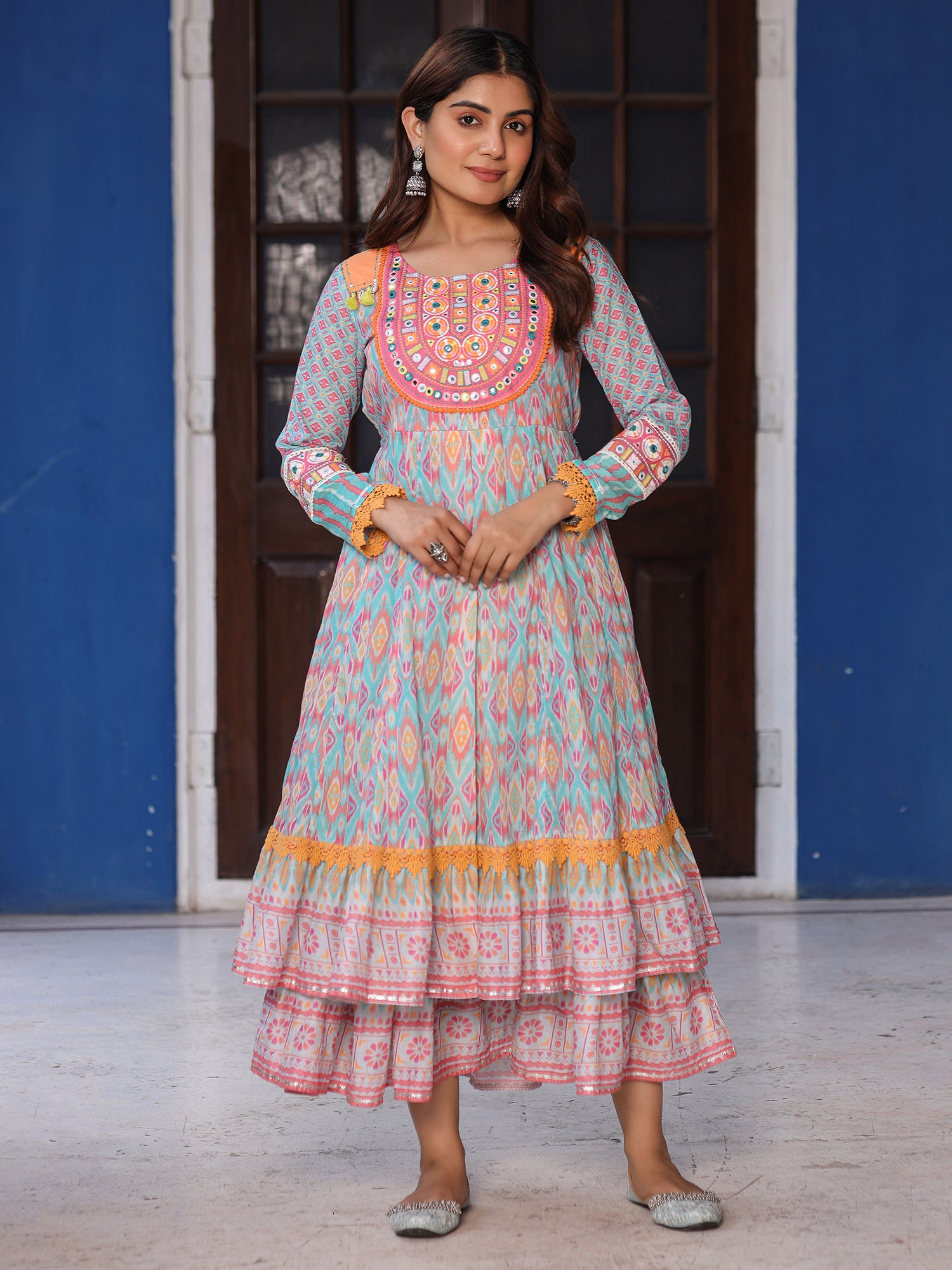 Juniper Sky Blue Cotton Ikat Printed Maxi Dress With Thread Embroidery & Dori Tassel Tie-Up At Waist