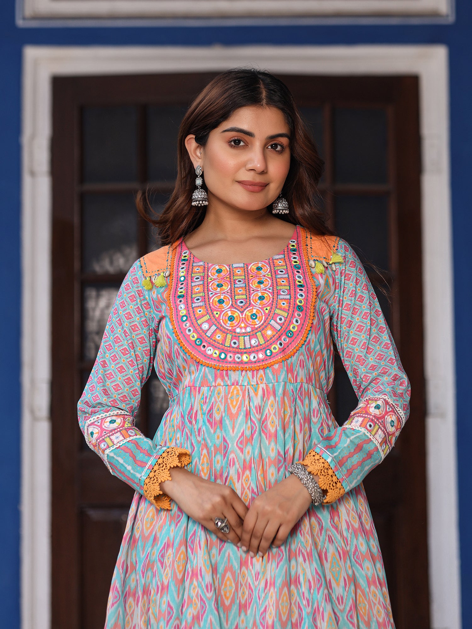 Juniper Sky Blue Cotton Ikat Printed Maxi Dress With Thread Embroidery & Dori Tassel Tie-Up At Waist