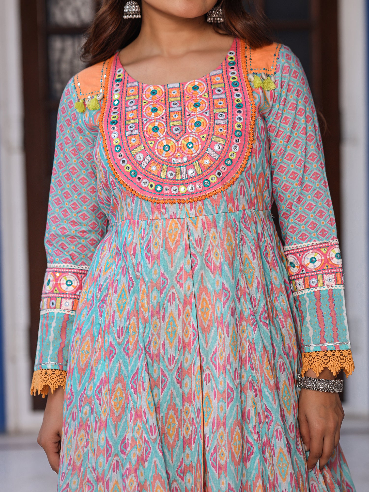 Juniper Sky Blue Cotton Ikat Printed Maxi Dress With Thread Embroidery & Dori Tassel Tie-Up At Waist