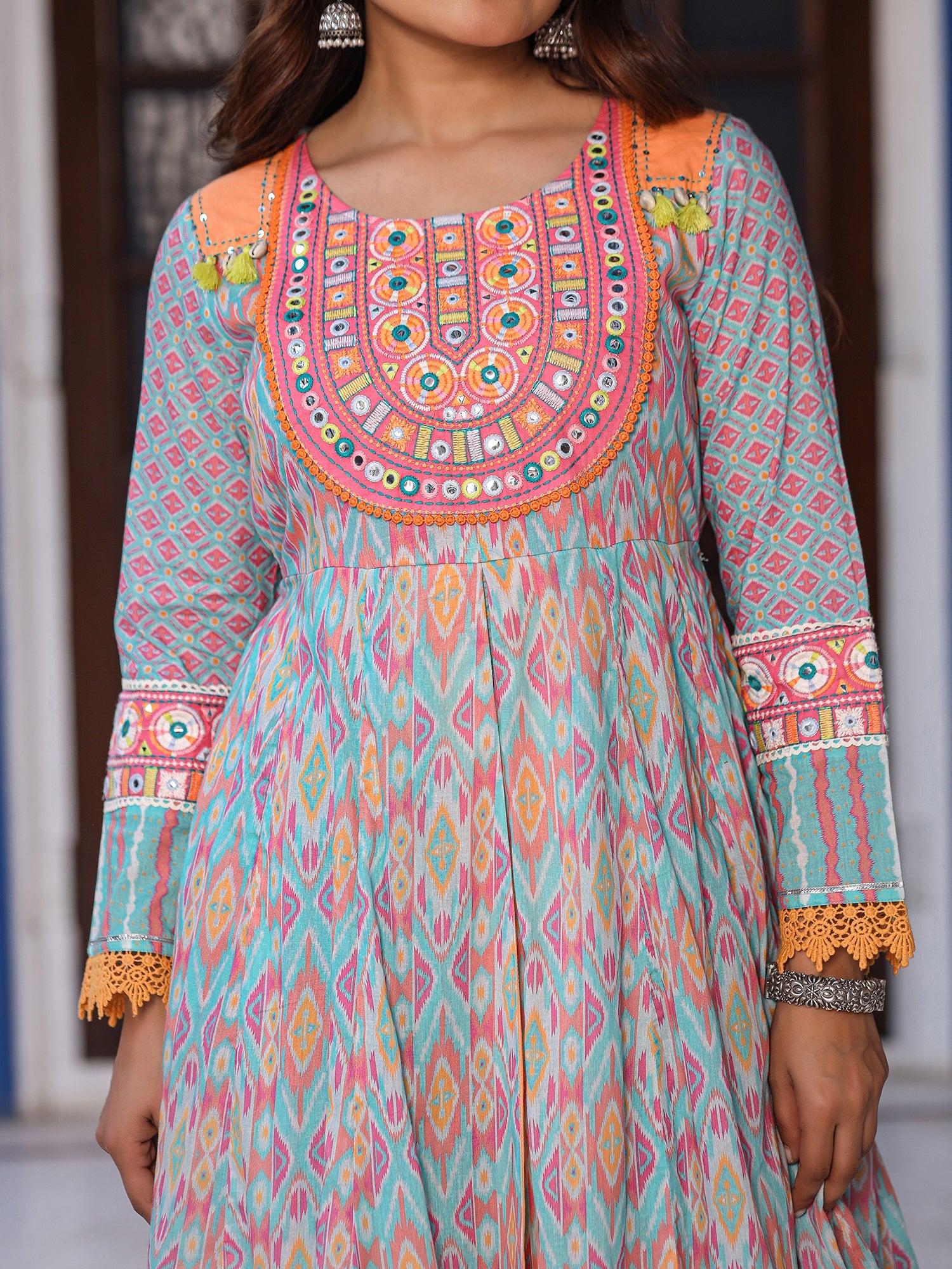 Juniper Sky Blue Cotton Ikat Printed Maxi Dress With Thread Embroidery & Dori Tassel Tie-Up At Waist
