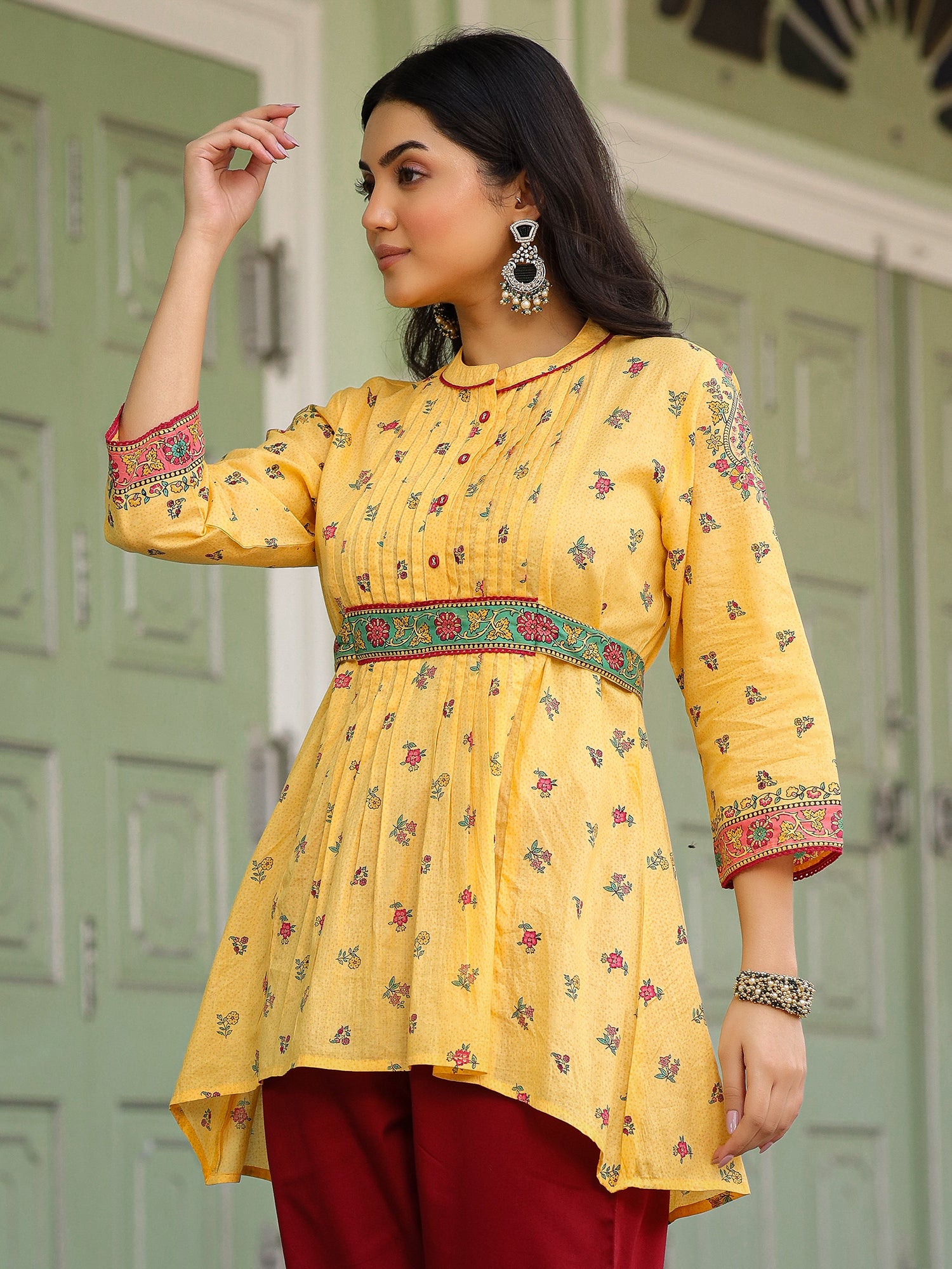Floral Printed Cotton Voile Mustard Peplum Tunic