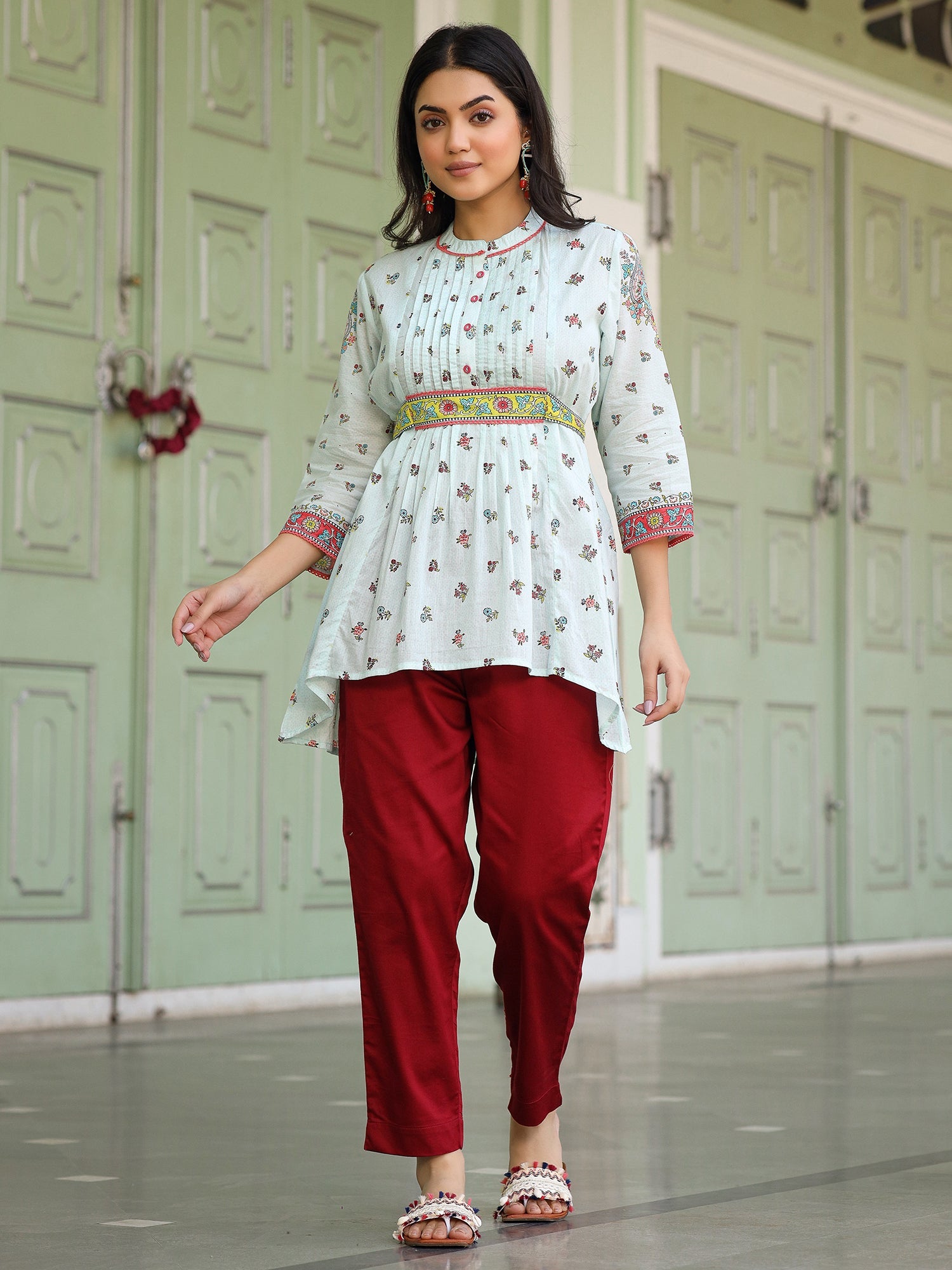 Juniper Women Sky Blue Cotton Floral Printed Lacy Peplum Tunic With Tie-Up At Back