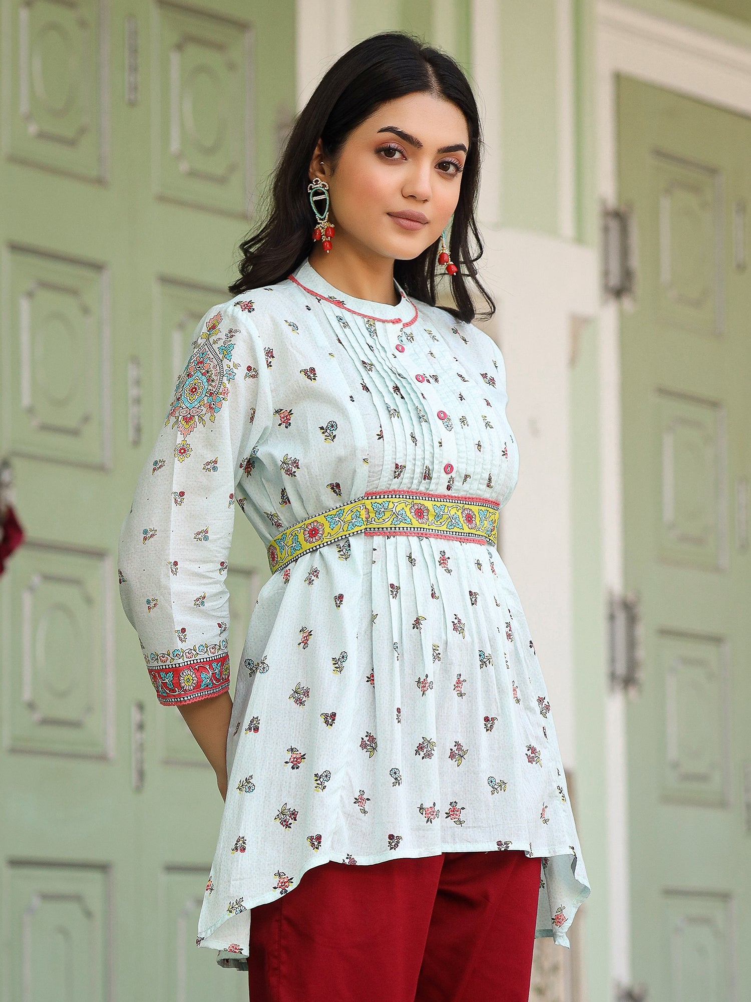 Juniper Women Sky Blue Cotton Floral Printed Lacy Peplum Tunic With Tie-Up At Back