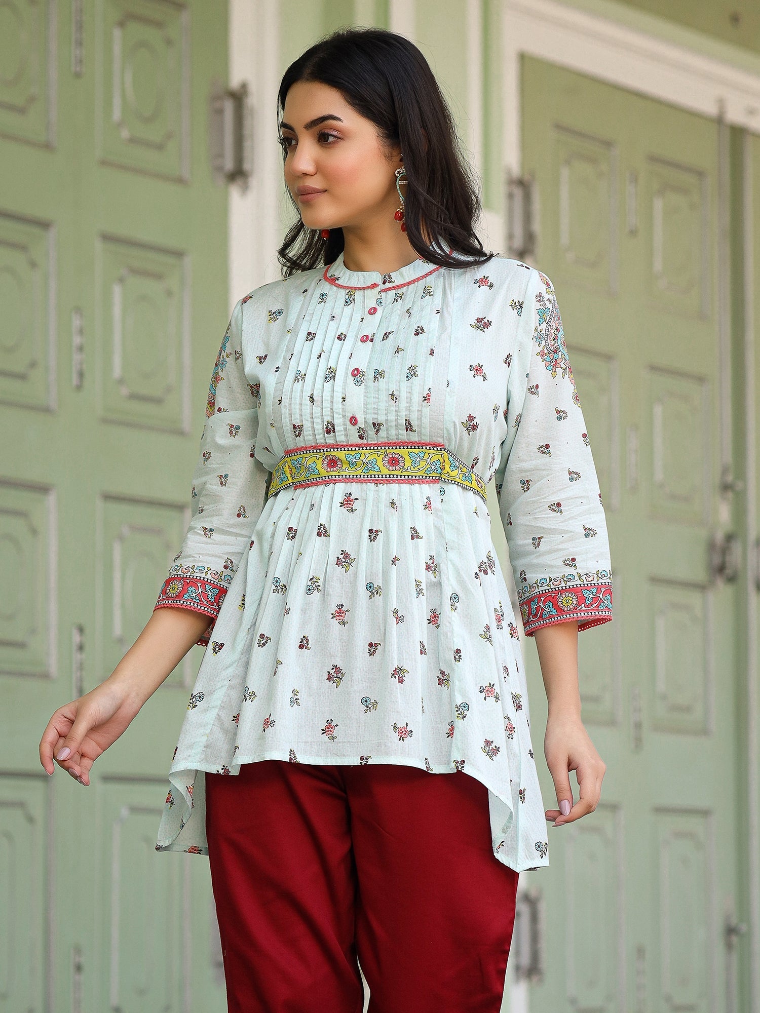 Juniper Women Sky Blue Cotton Floral Printed Lacy Peplum Tunic With Tie-Up At Back