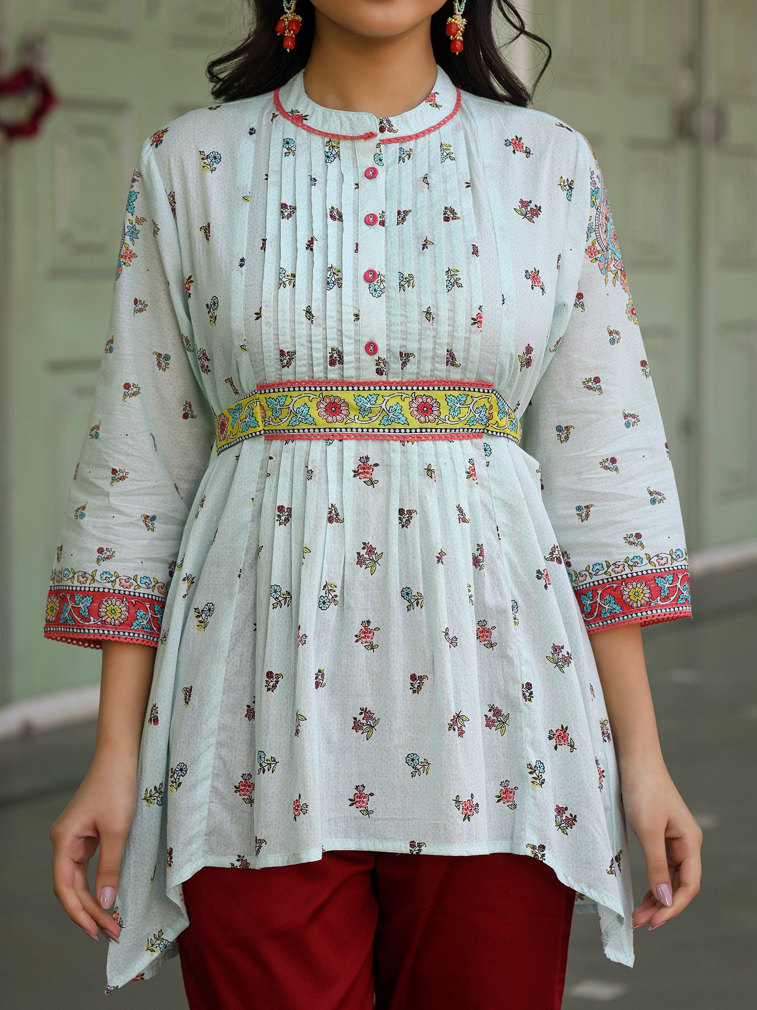 Juniper Women Sky Blue Cotton Floral Printed Lacy Peplum Tunic With Tie-Up At Back