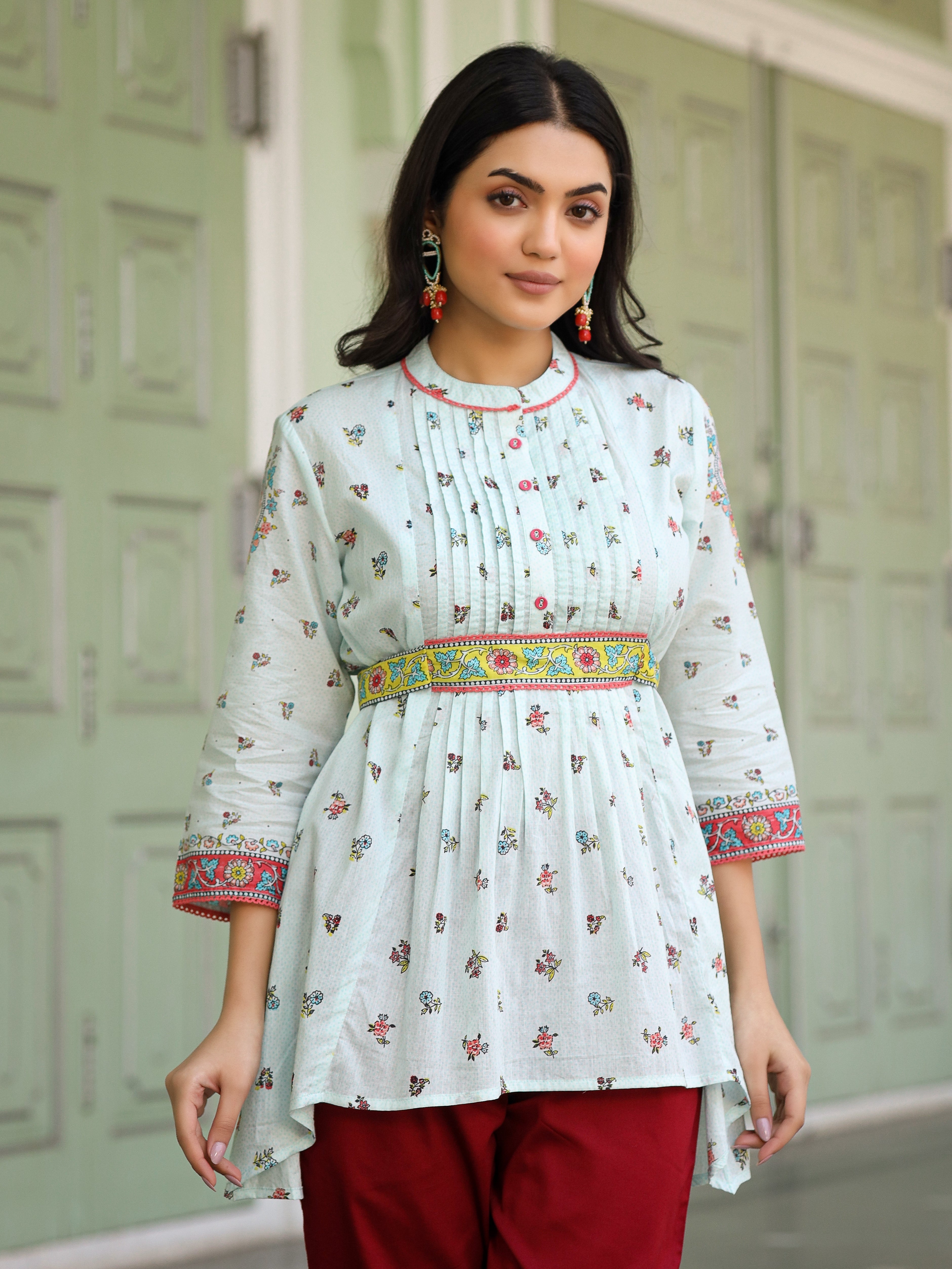 Juniper Women Sky Blue Cotton Floral Printed Lacy Peplum Tunic With Tie-Up At Back