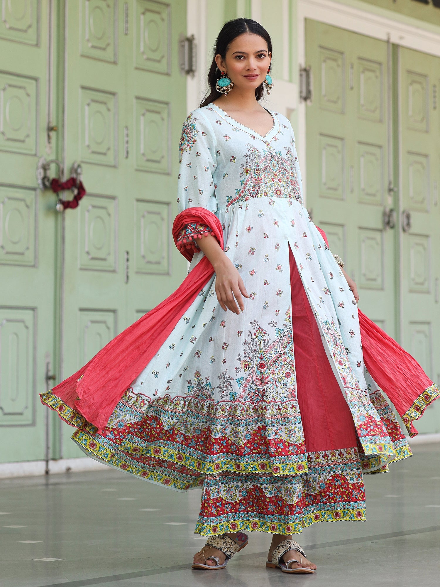 Juniper Sky Blue Cotton Floral Printed Anarkali Kurta With Pants And Dupatta Set With Sequins & Beadwork