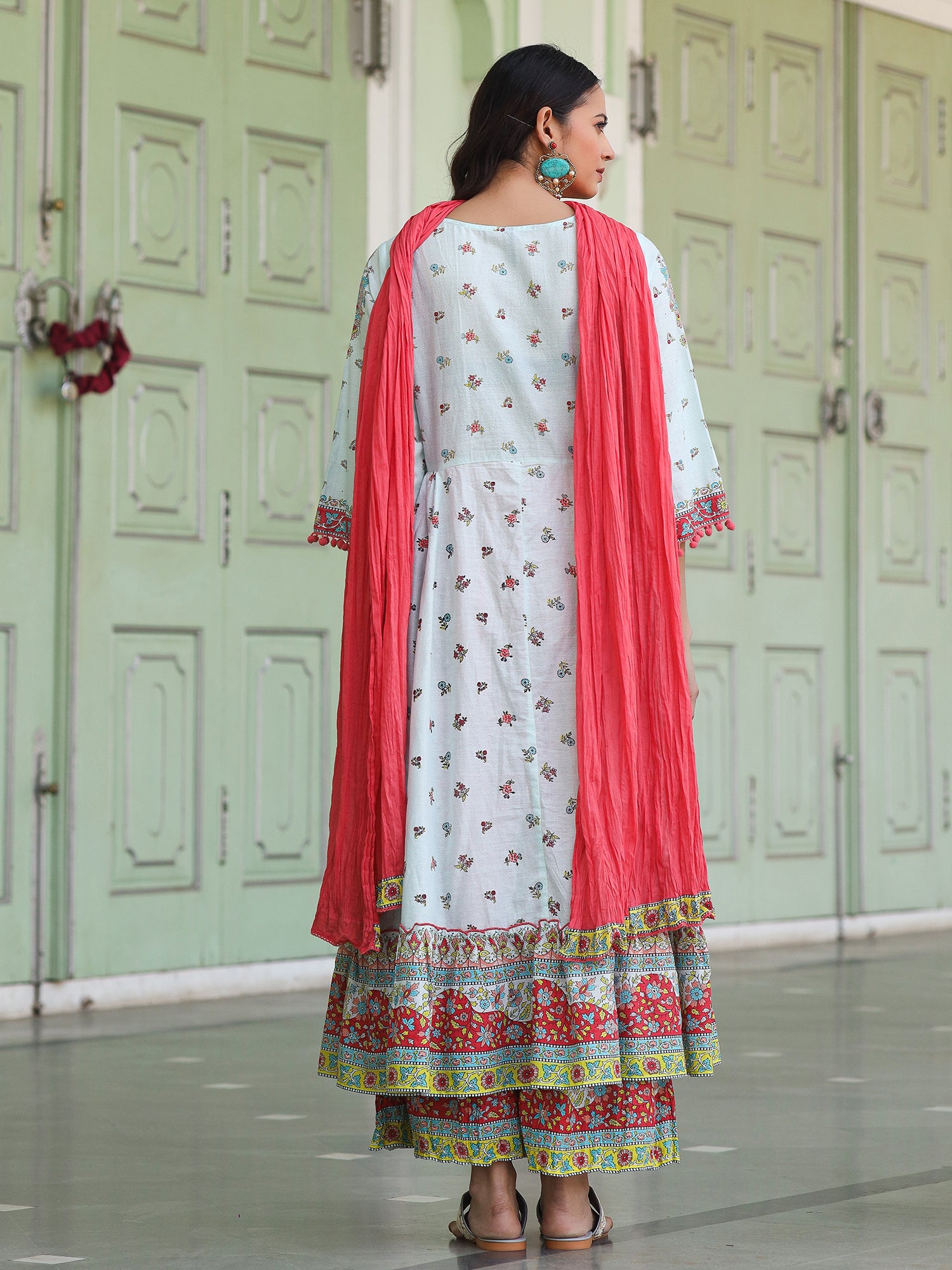 Juniper Sky Blue Cotton Floral Printed Anarkali Kurta With Pants And Dupatta Set With Sequins & Beadwork