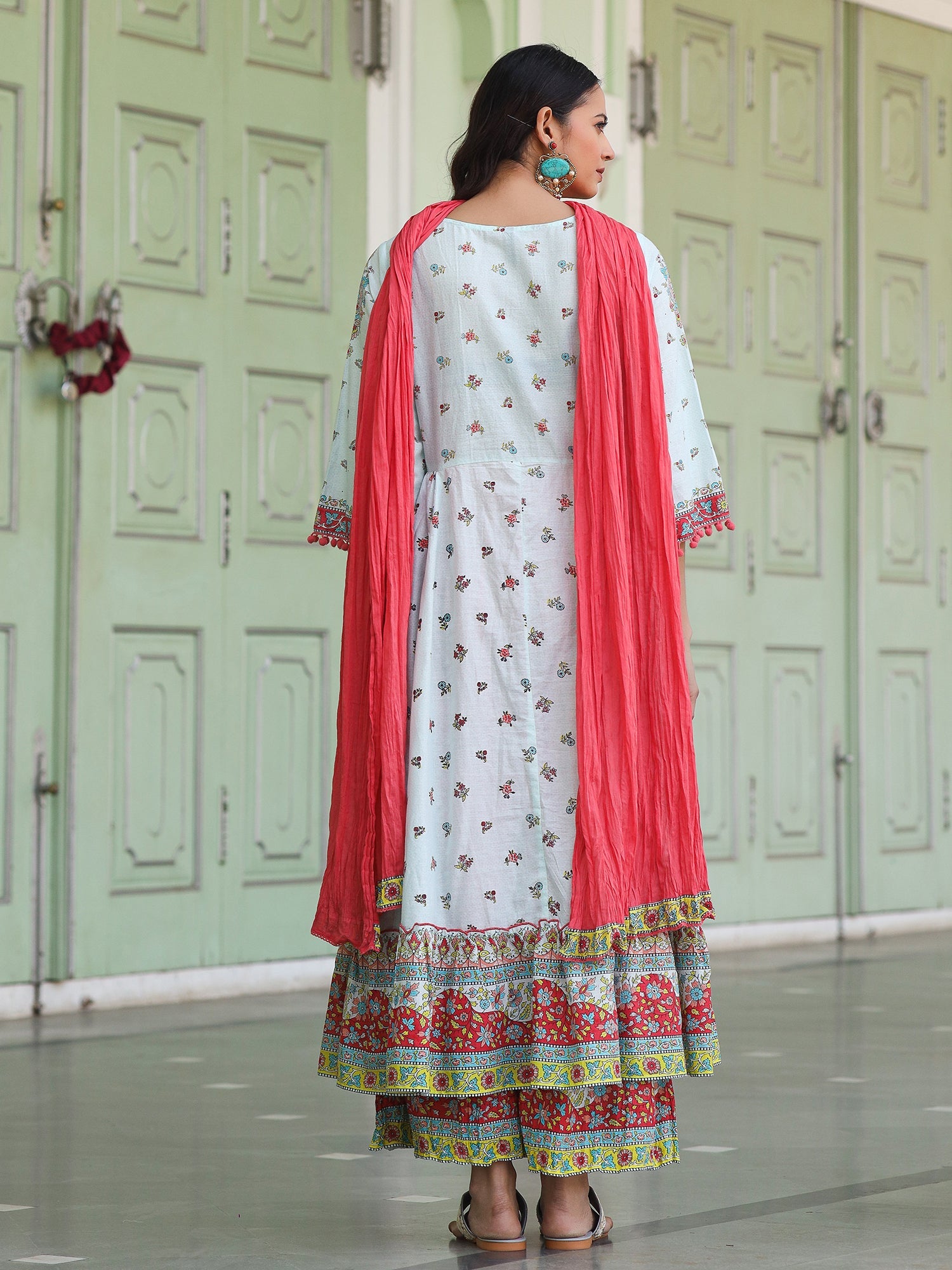 Juniper Sky Blue Cotton Floral Printed Anarkali Kurta With Pants And Dupatta Set With Sequins & Beadwork