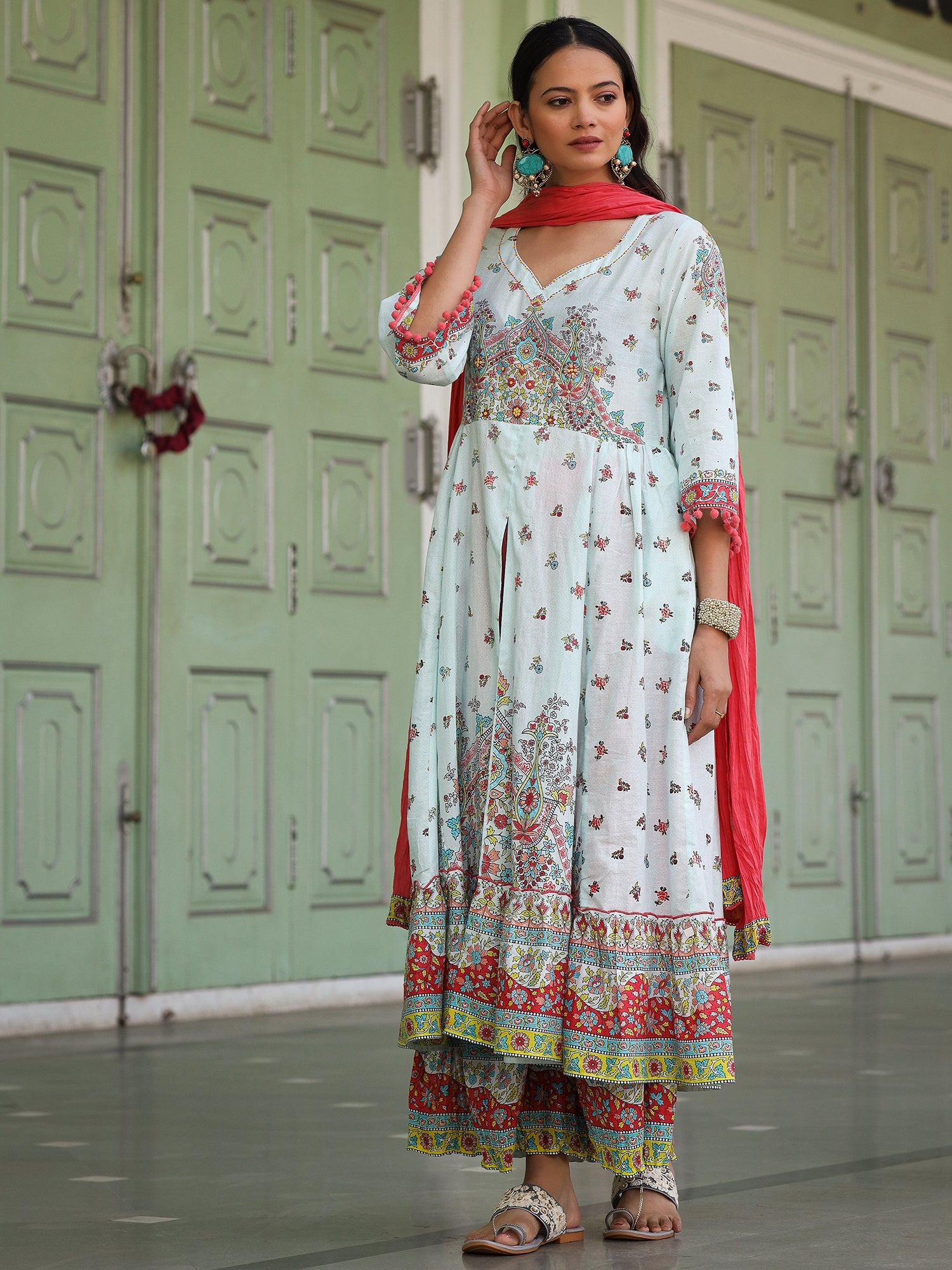 Juniper Sky Blue Cotton Floral Printed Anarkali Kurta With Pants And Dupatta Set With Sequins & Beadwork
