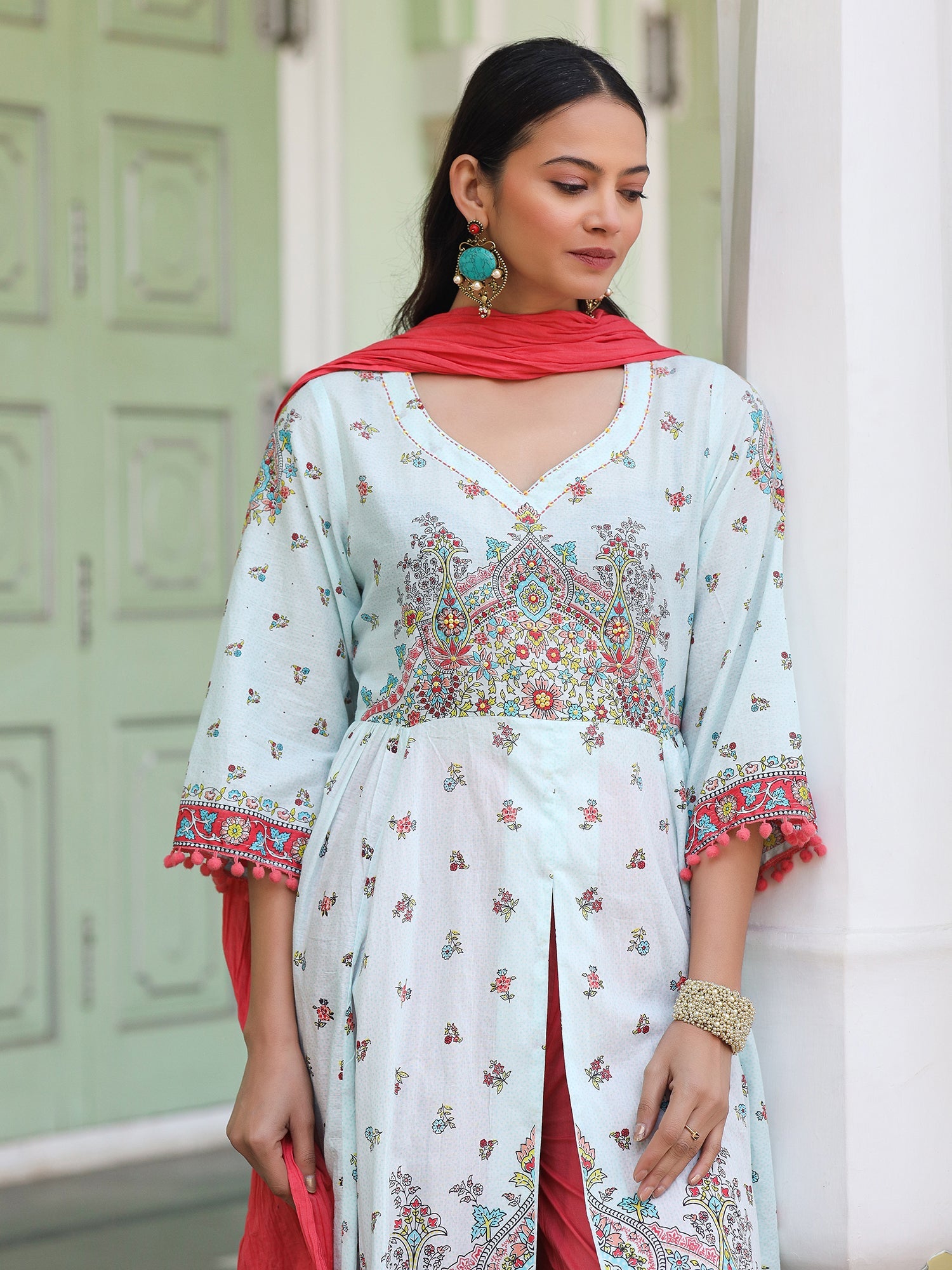 Juniper Sky Blue Cotton Floral Printed Anarkali Kurta With Pants And Dupatta Set With Sequins & Beadwork
