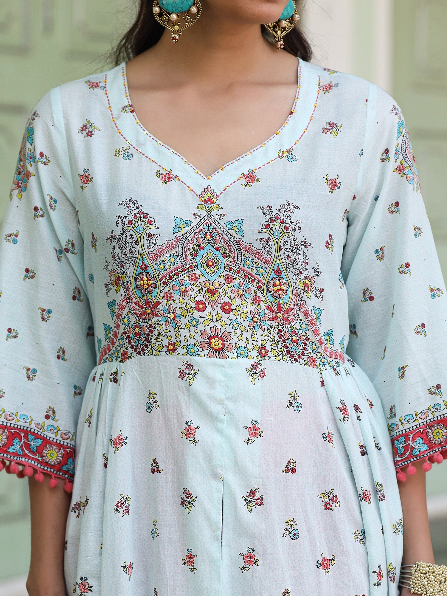 Juniper Sky Blue Cotton Floral Printed Anarkali Kurta With Pants And Dupatta Set With Sequins & Beadwork